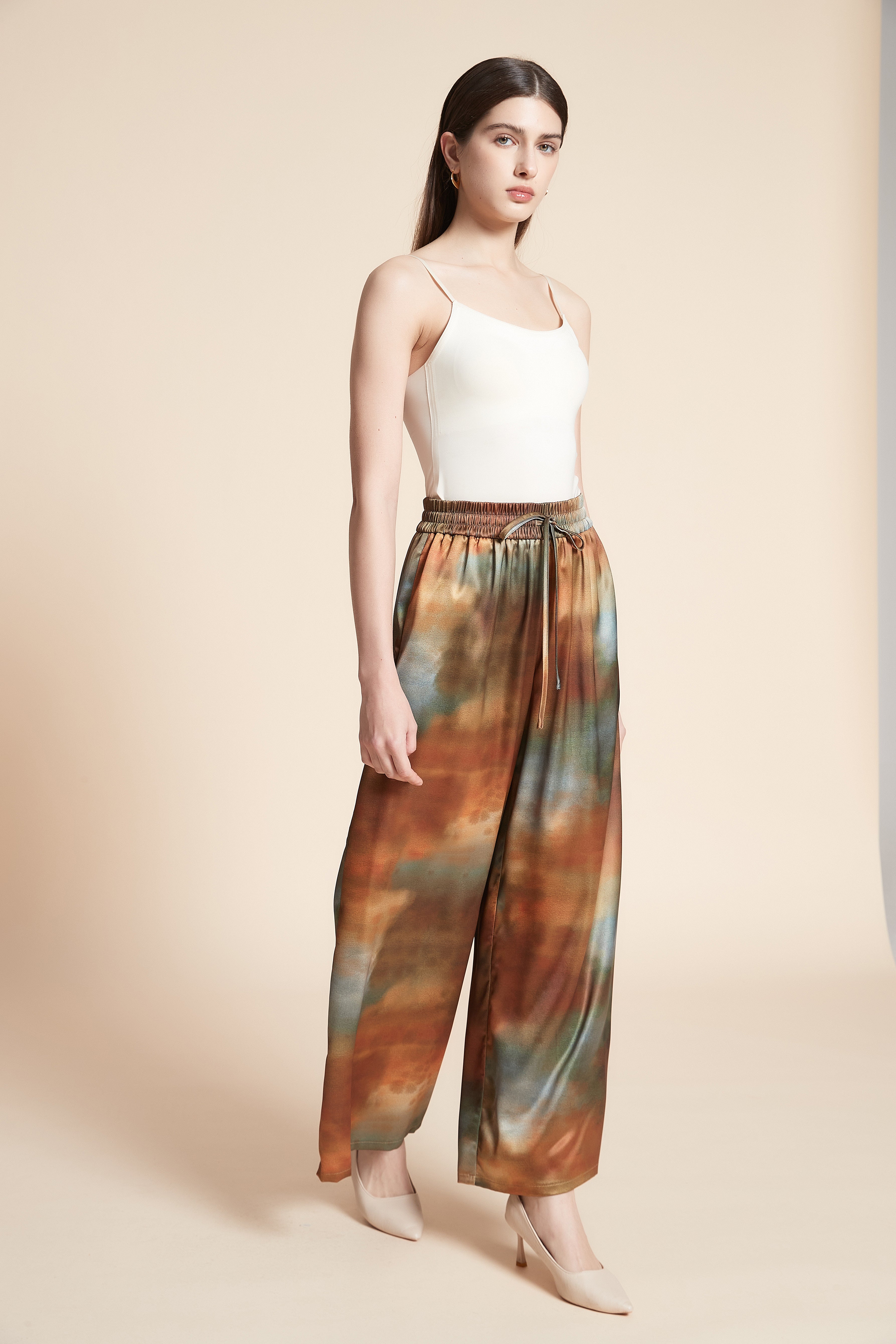 Printed Wide-Leg Pants with Belt