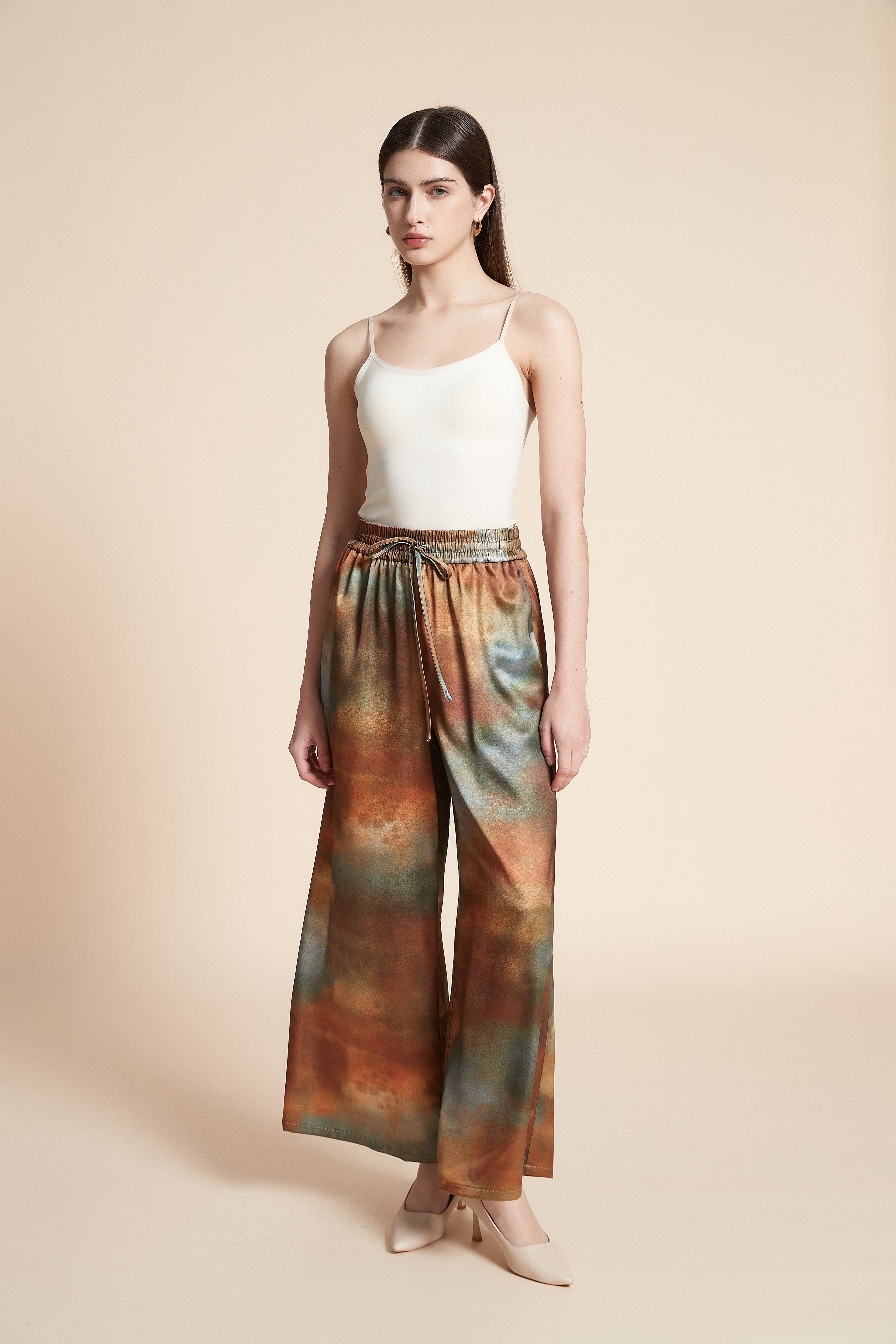 Printed Wide-Leg Pants with Belt