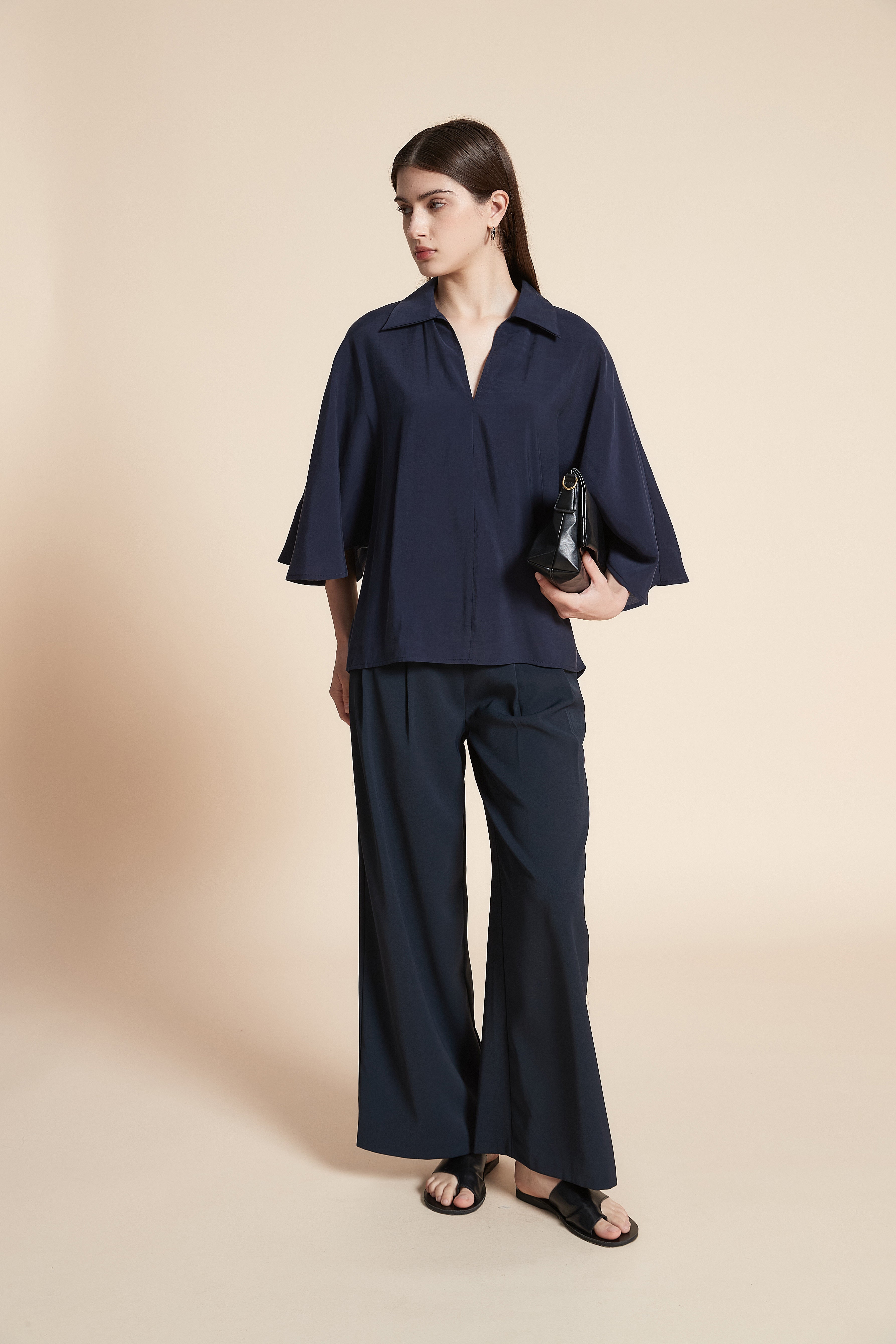 Solid Waist-Length Blouse with Butterfly Sleeves