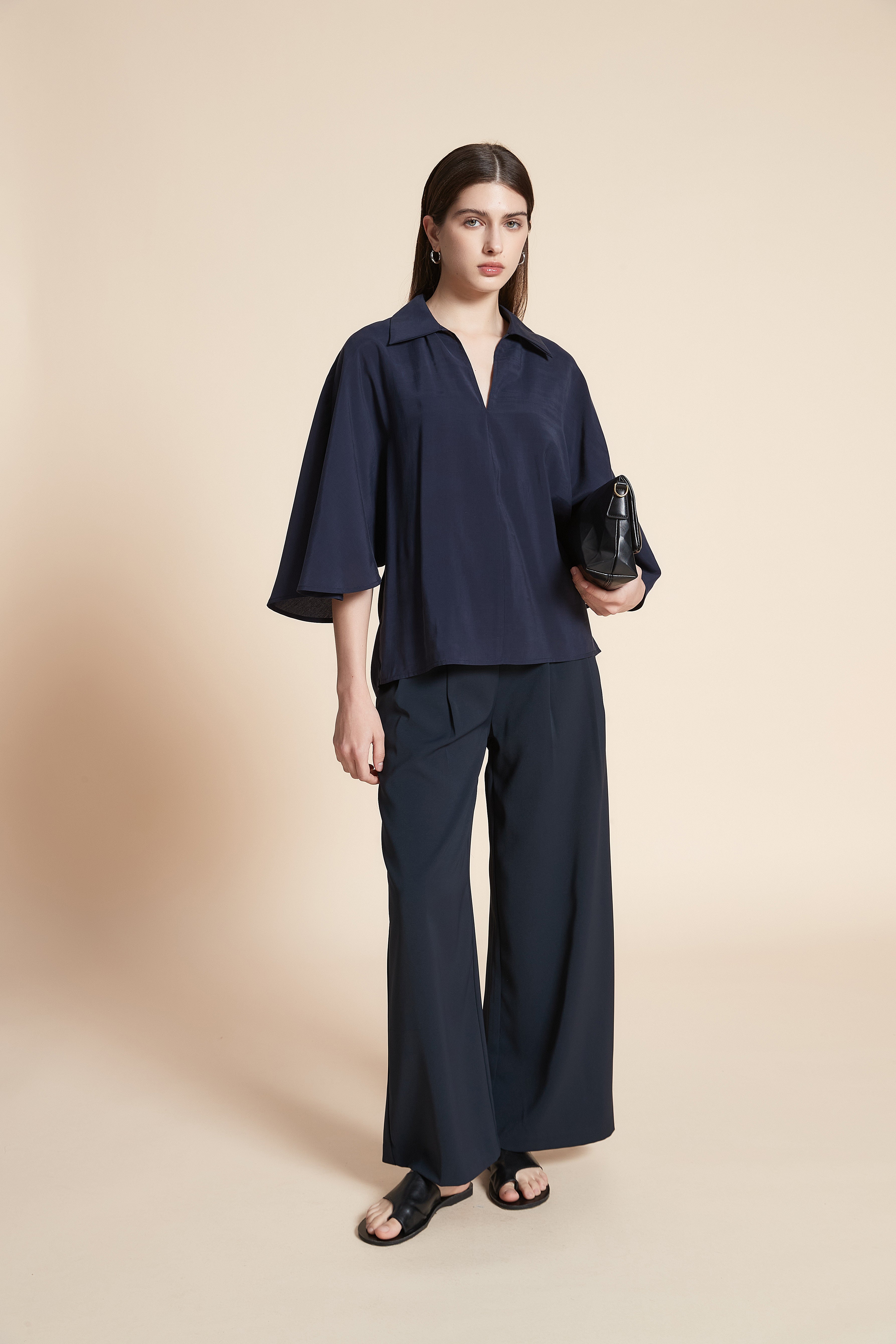 Solid Waist-Length Blouse with Butterfly Sleeves