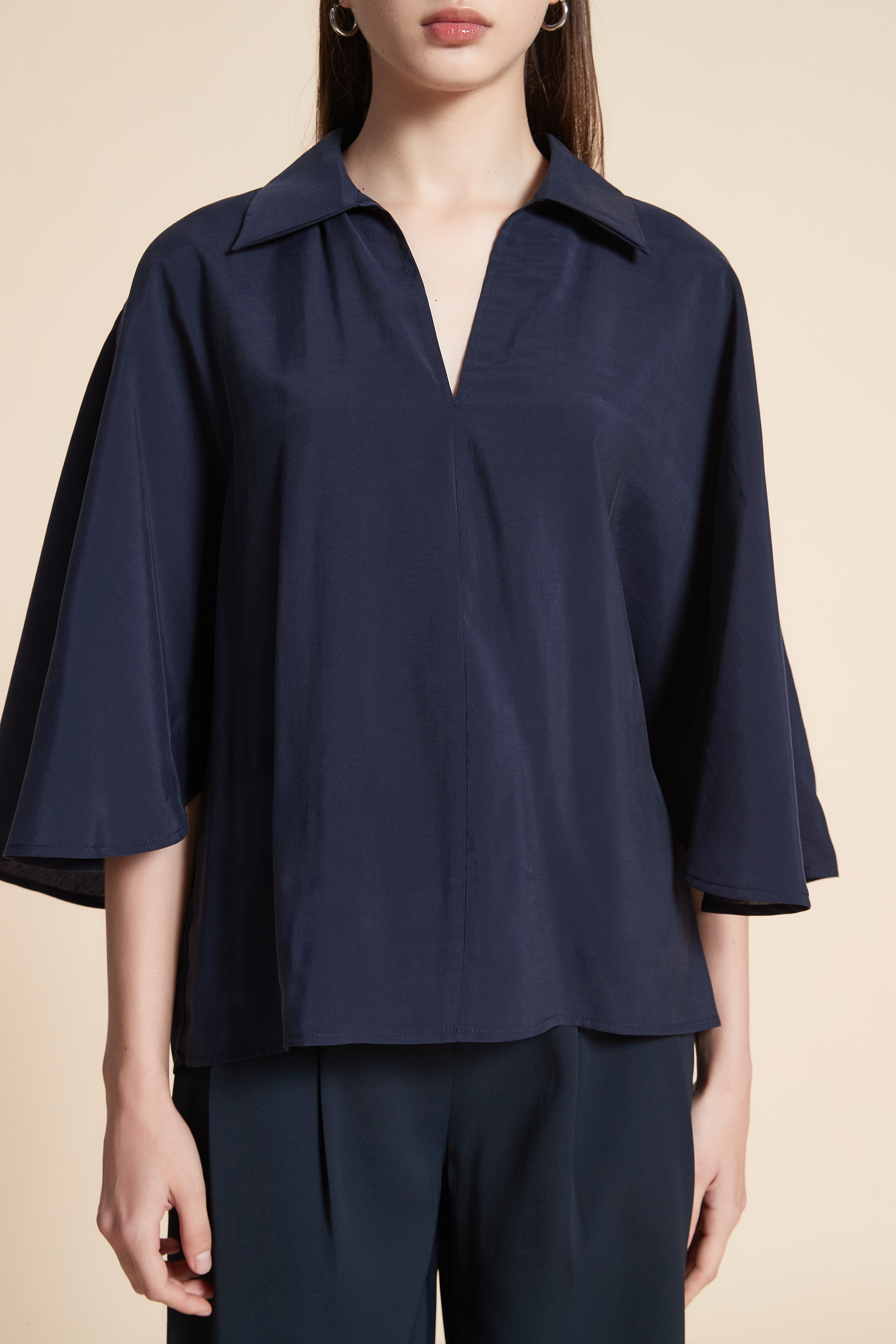 Solid Waist-Length Blouse with Butterfly Sleeves