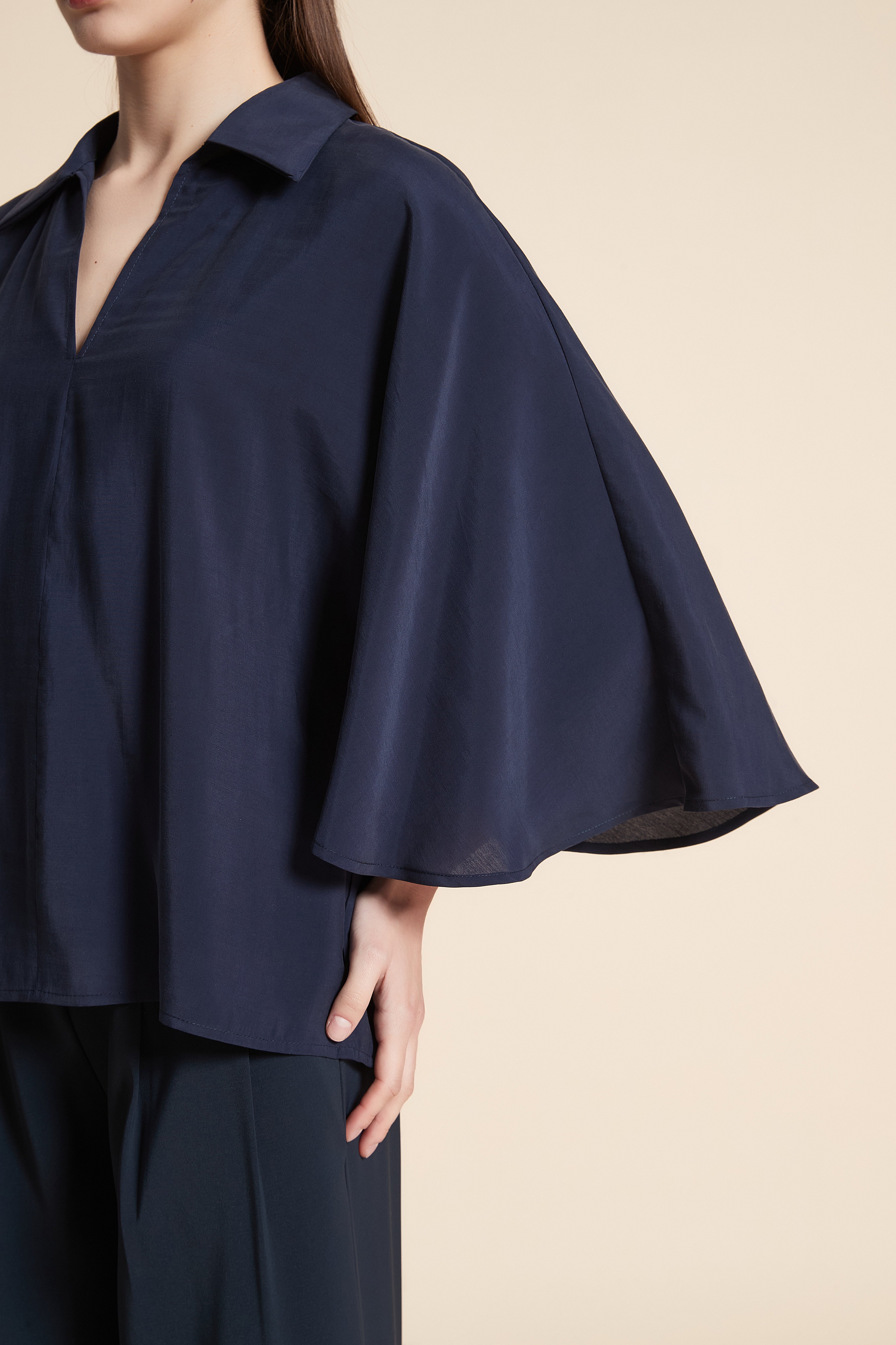 Solid Waist-Length Blouse with Butterfly Sleeves