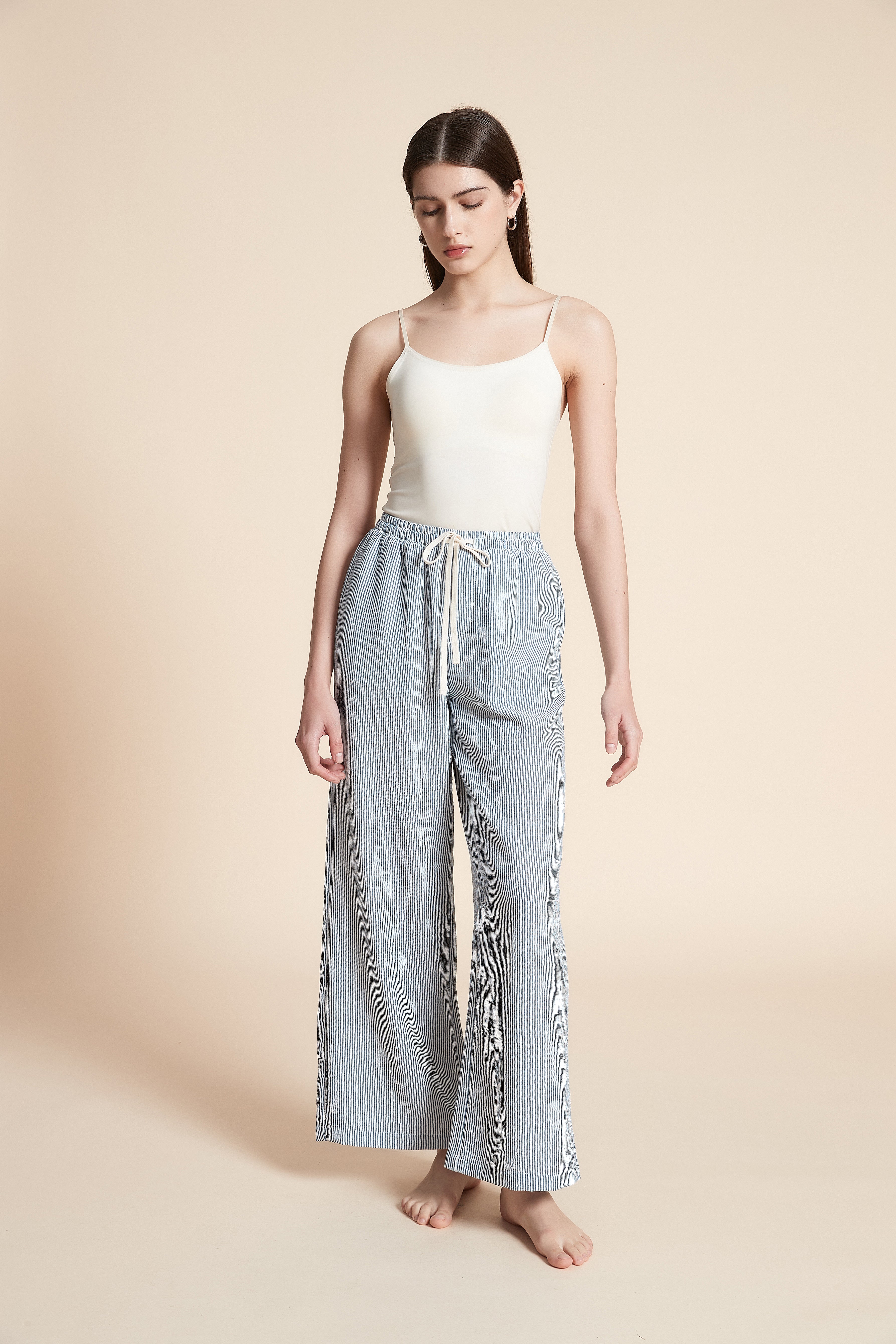 Wide Striped Long Trousers with Belt
