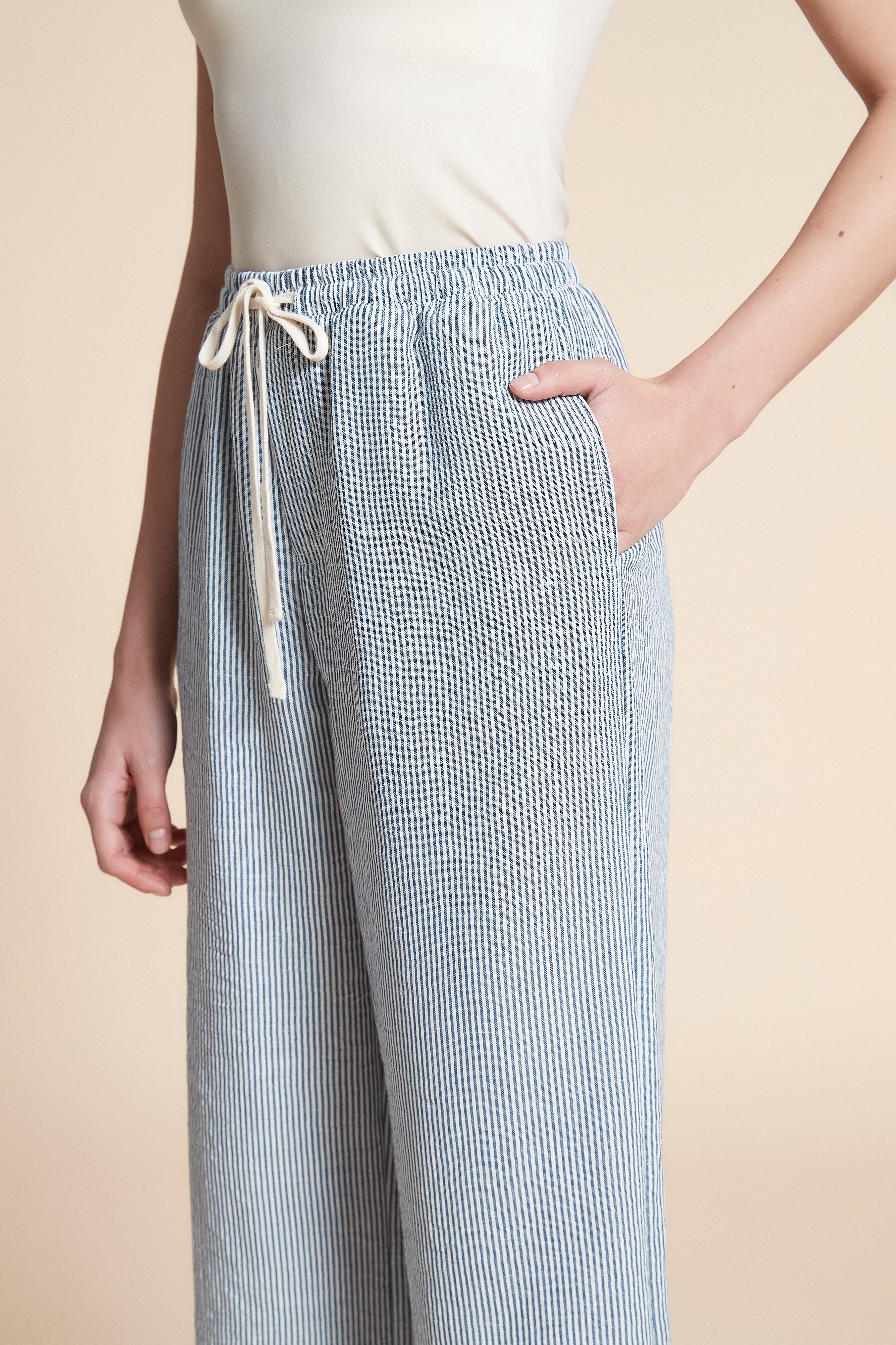 Wide Striped Long Trousers with Belt