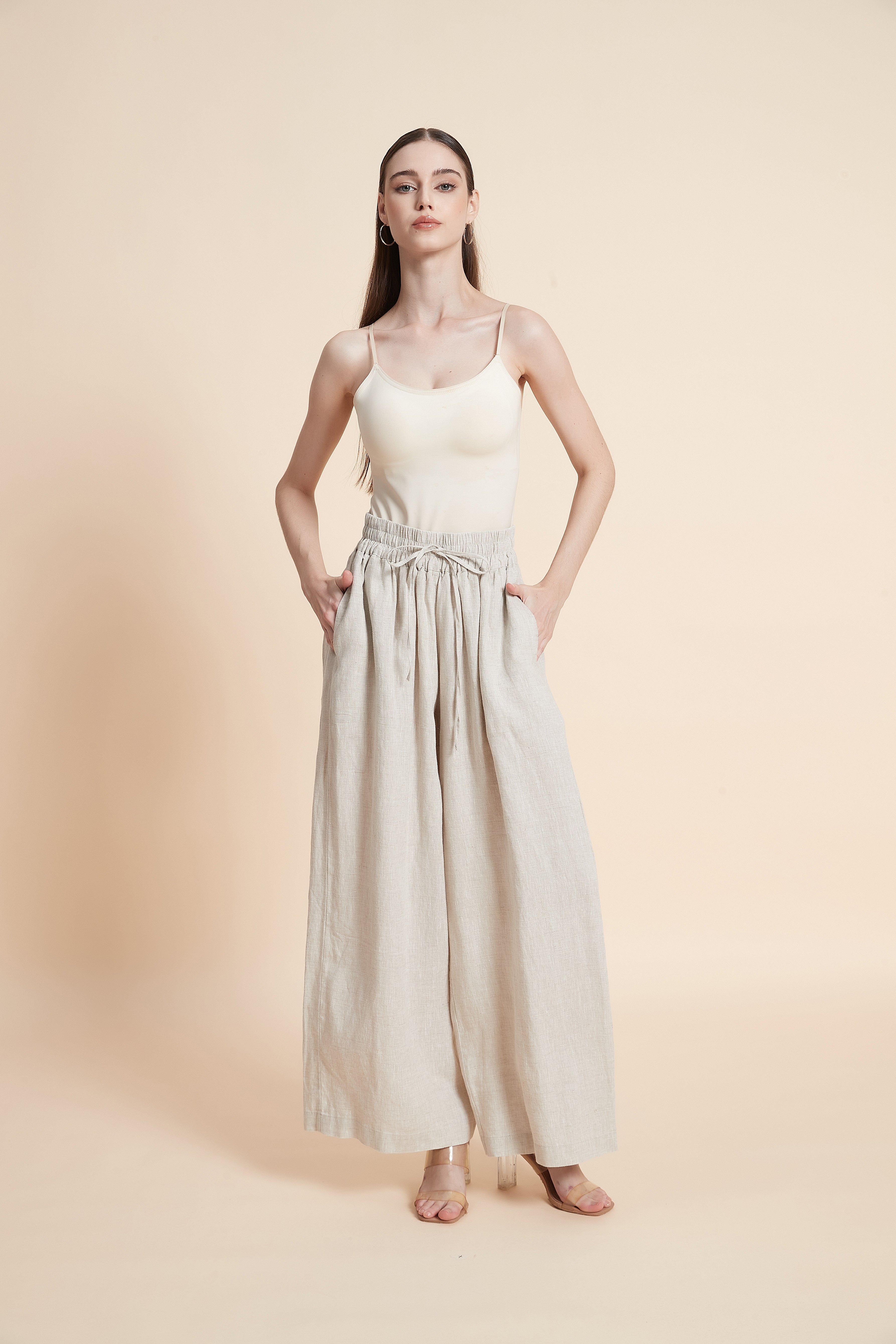 Drawstring waist wide-leg pants