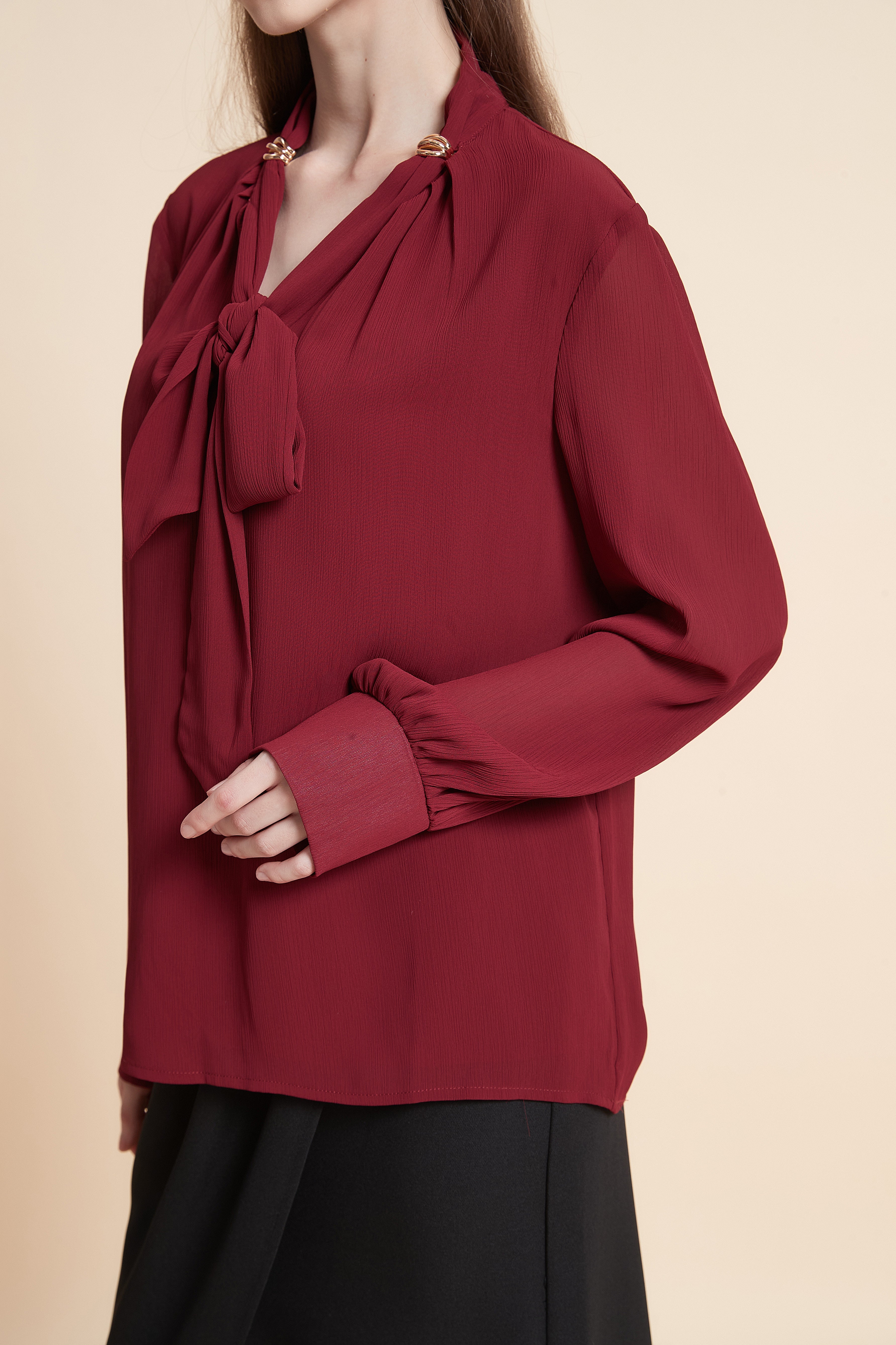 Long sleeve satin top with a neck tie