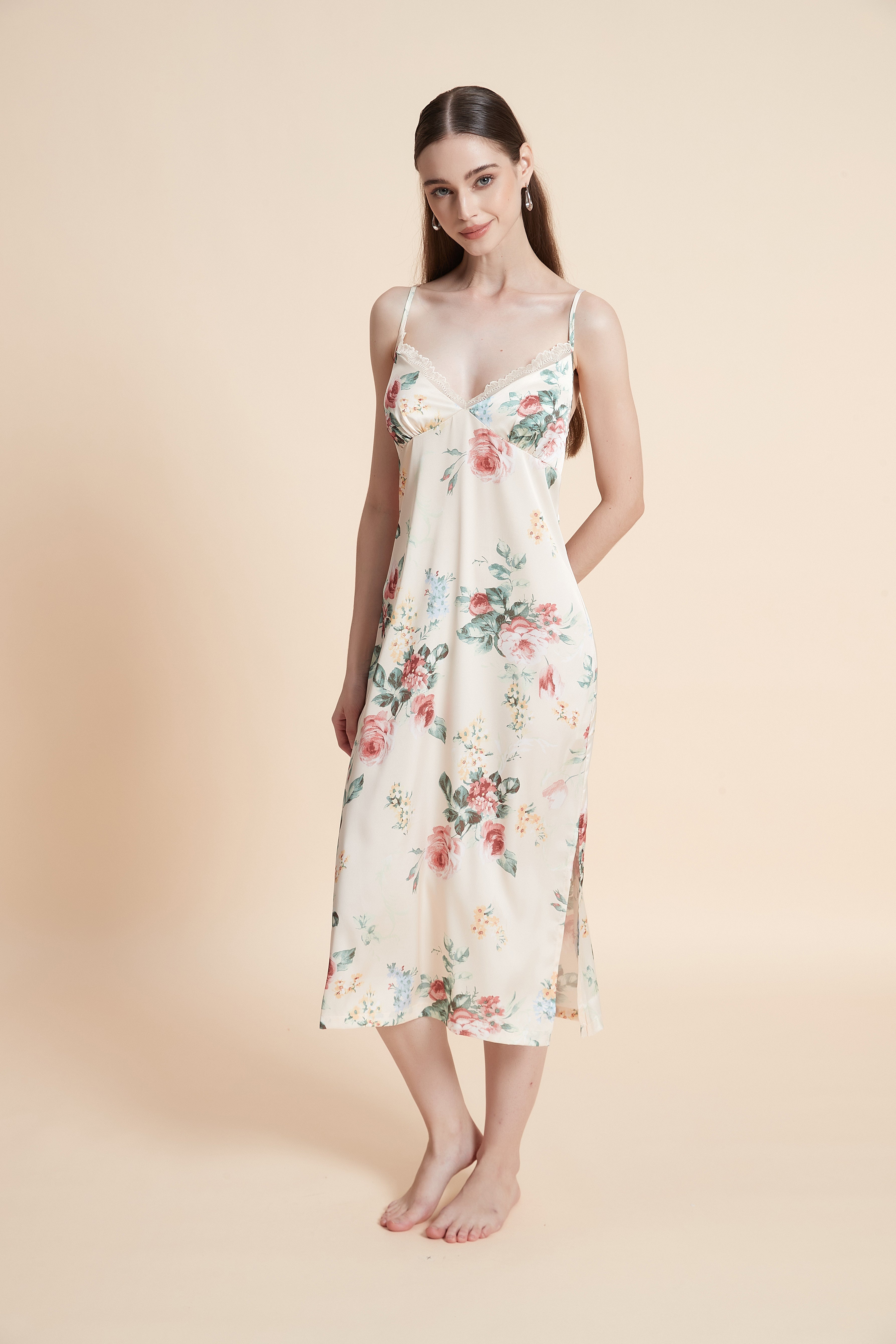 Floral satin nightgown with straps