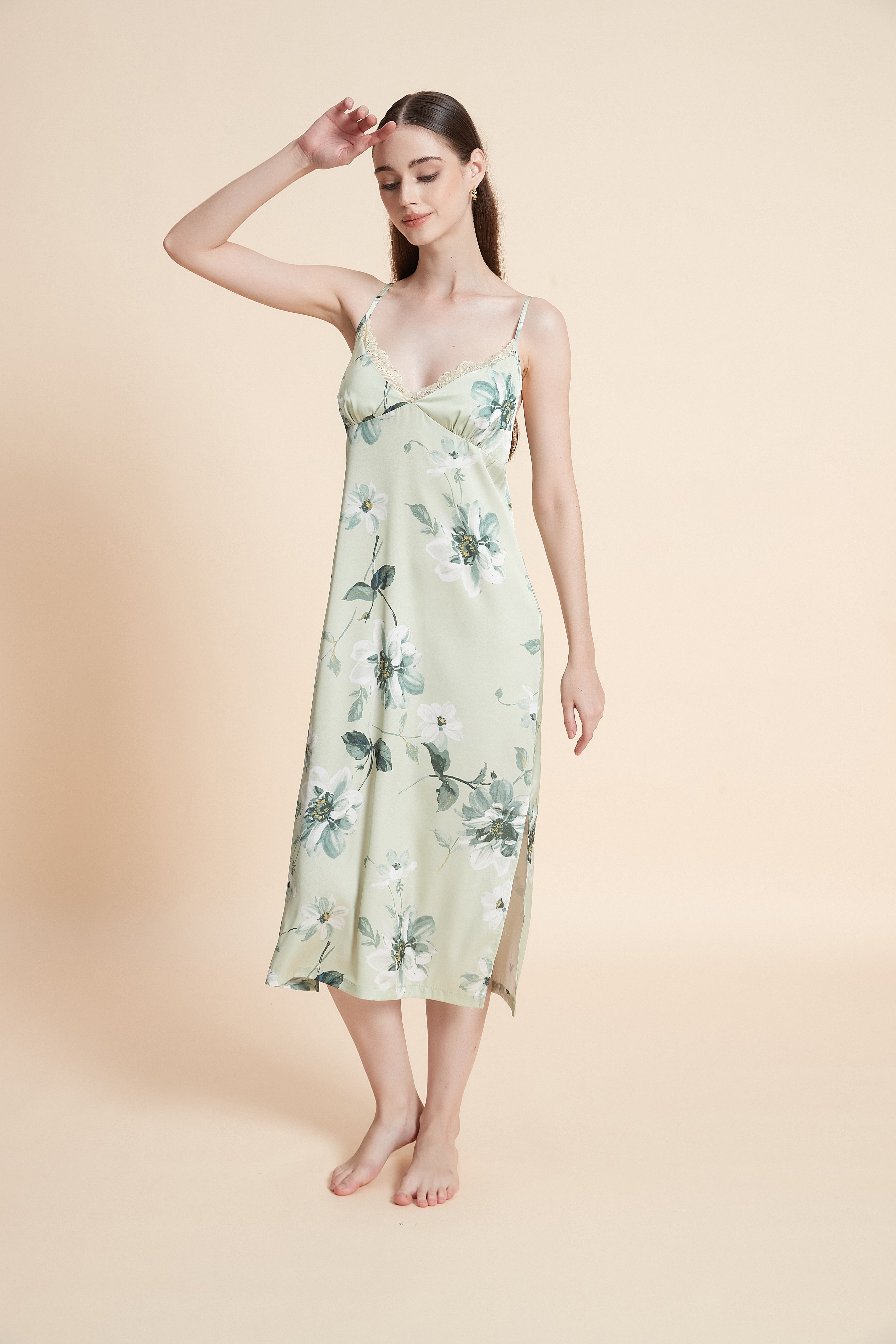 Floral satin nightgown with straps