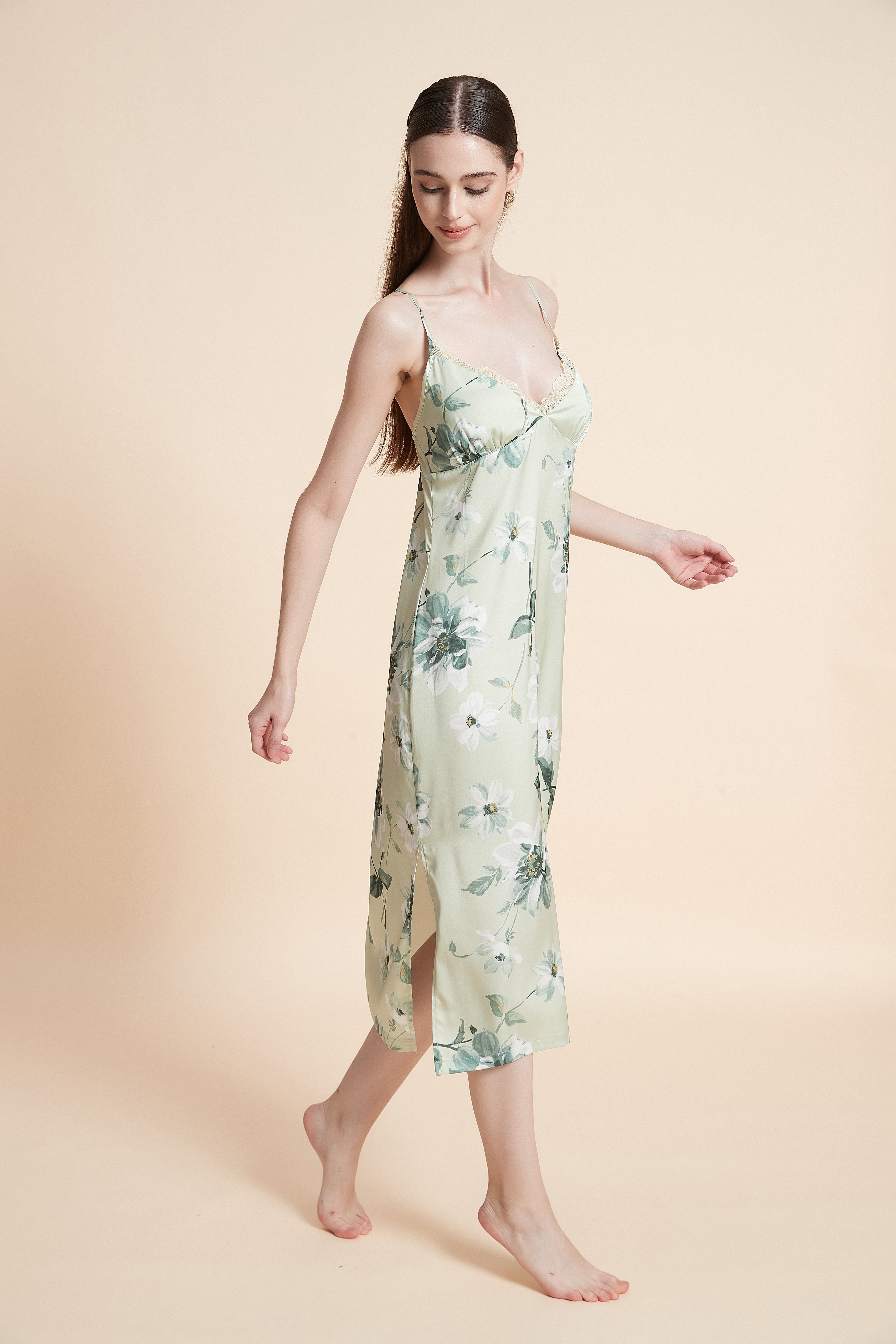 Floral satin nightgown with straps