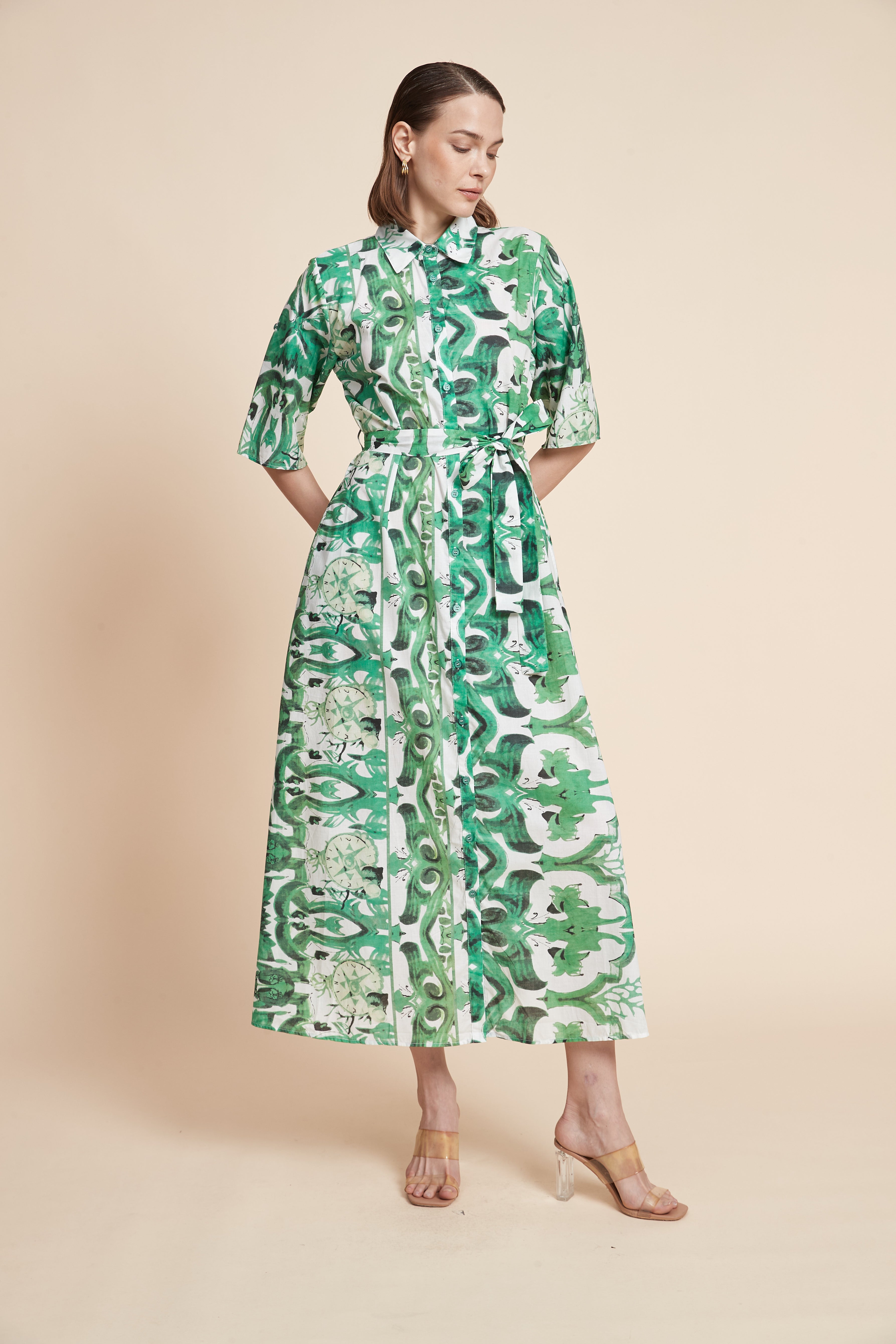 3/4-Sleeved Patterned Midi Dress