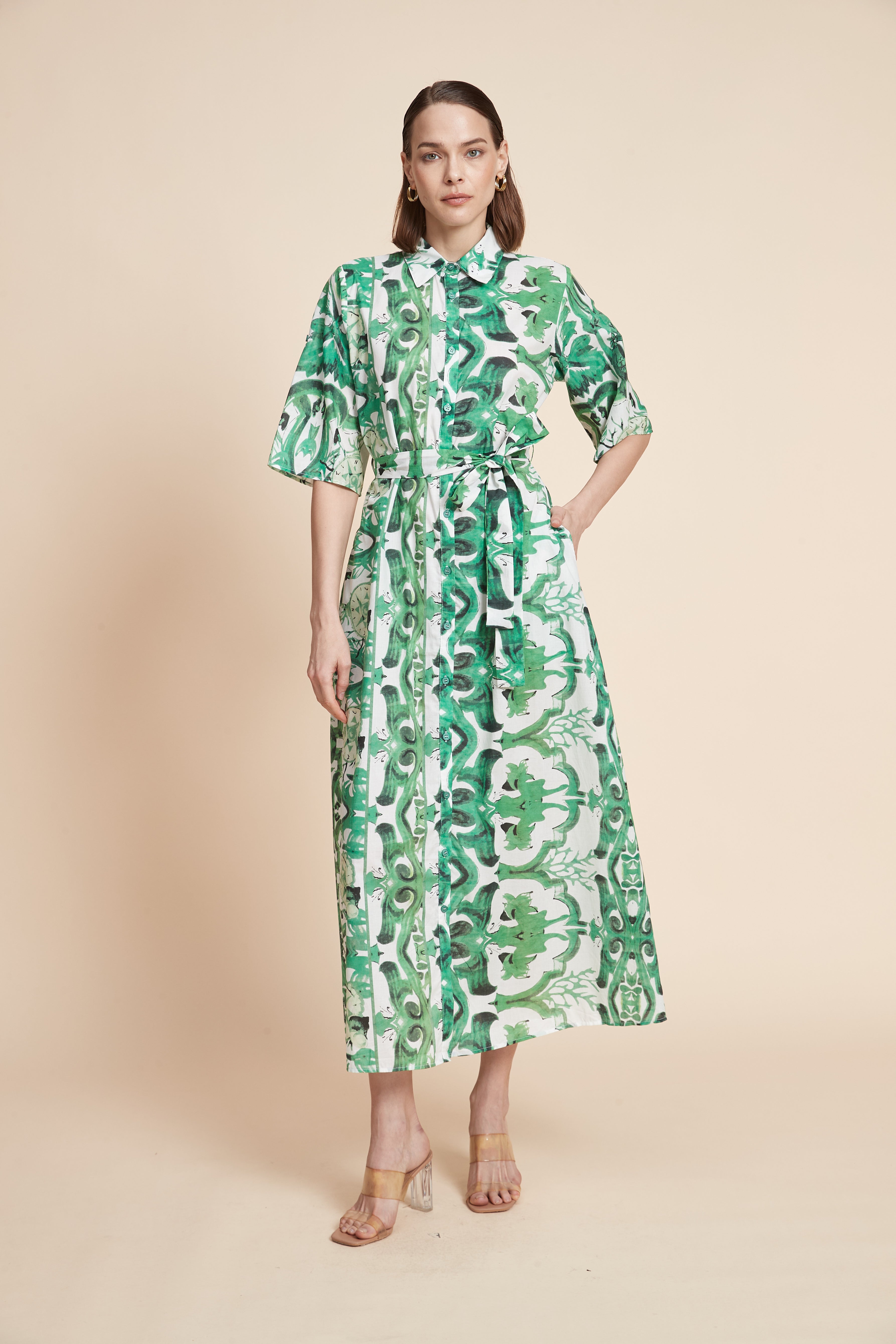 3/4-Sleeved Patterned Midi Dress