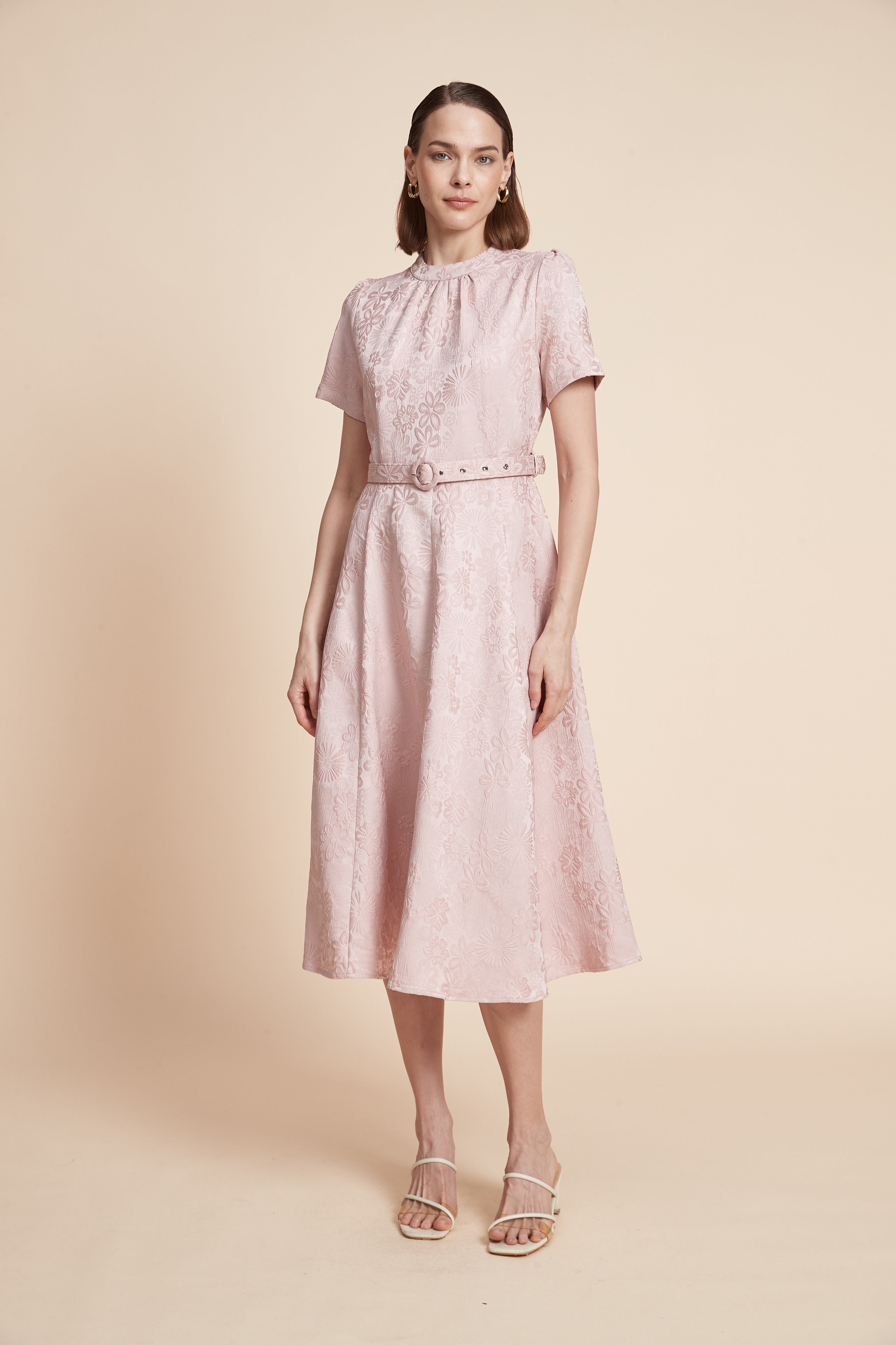 Print Midi Dress With Short Sleeves And A Belt