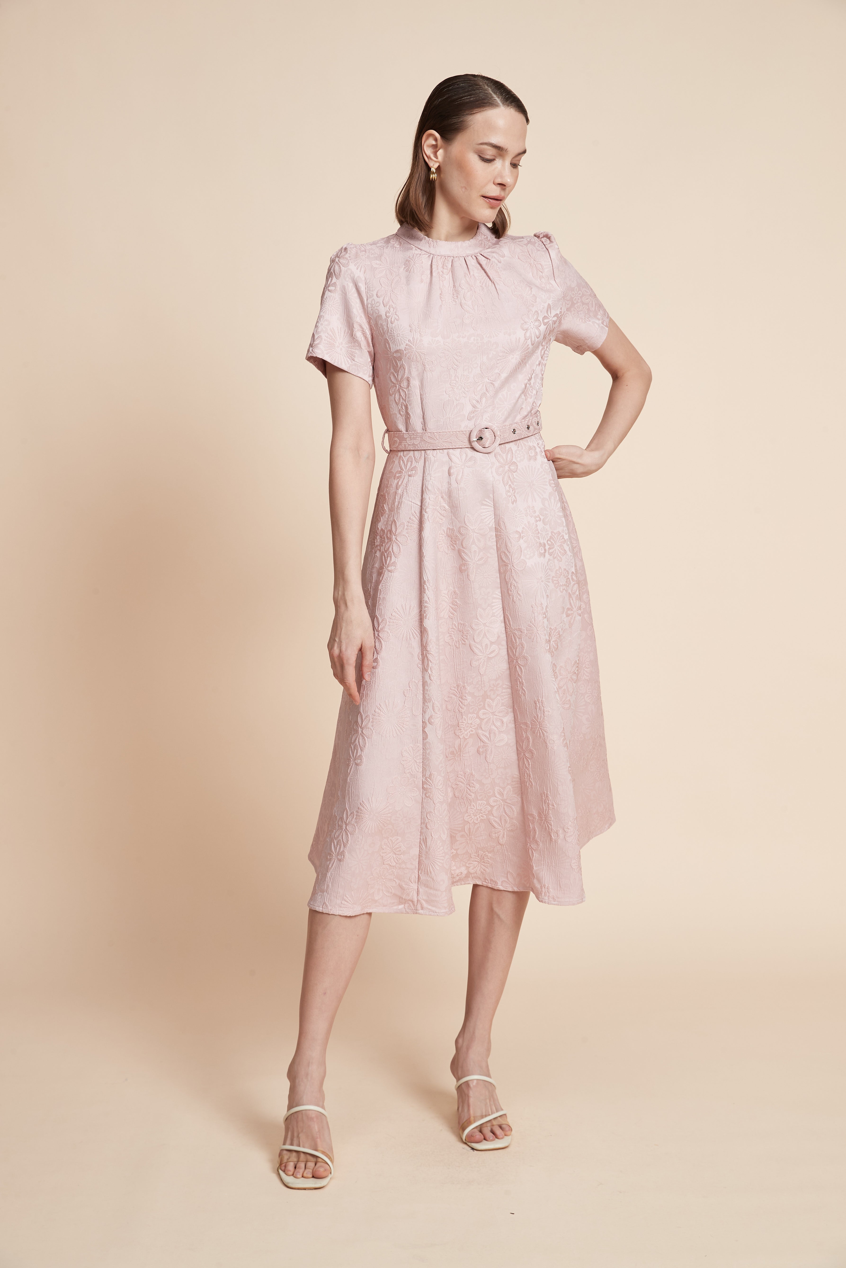 Print Midi Dress With Short Sleeves And A Belt