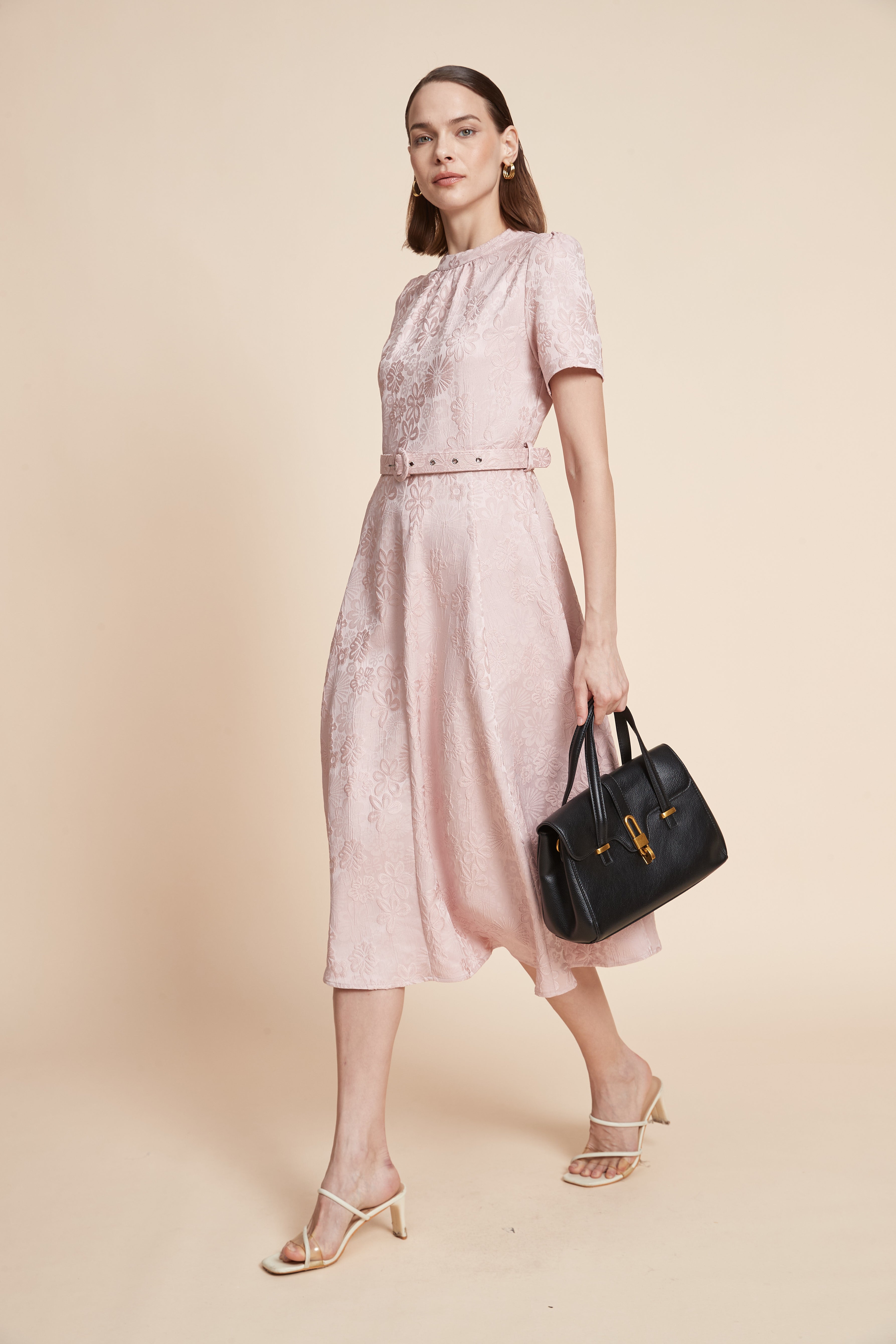 Print Midi Dress With Short Sleeves And A Belt