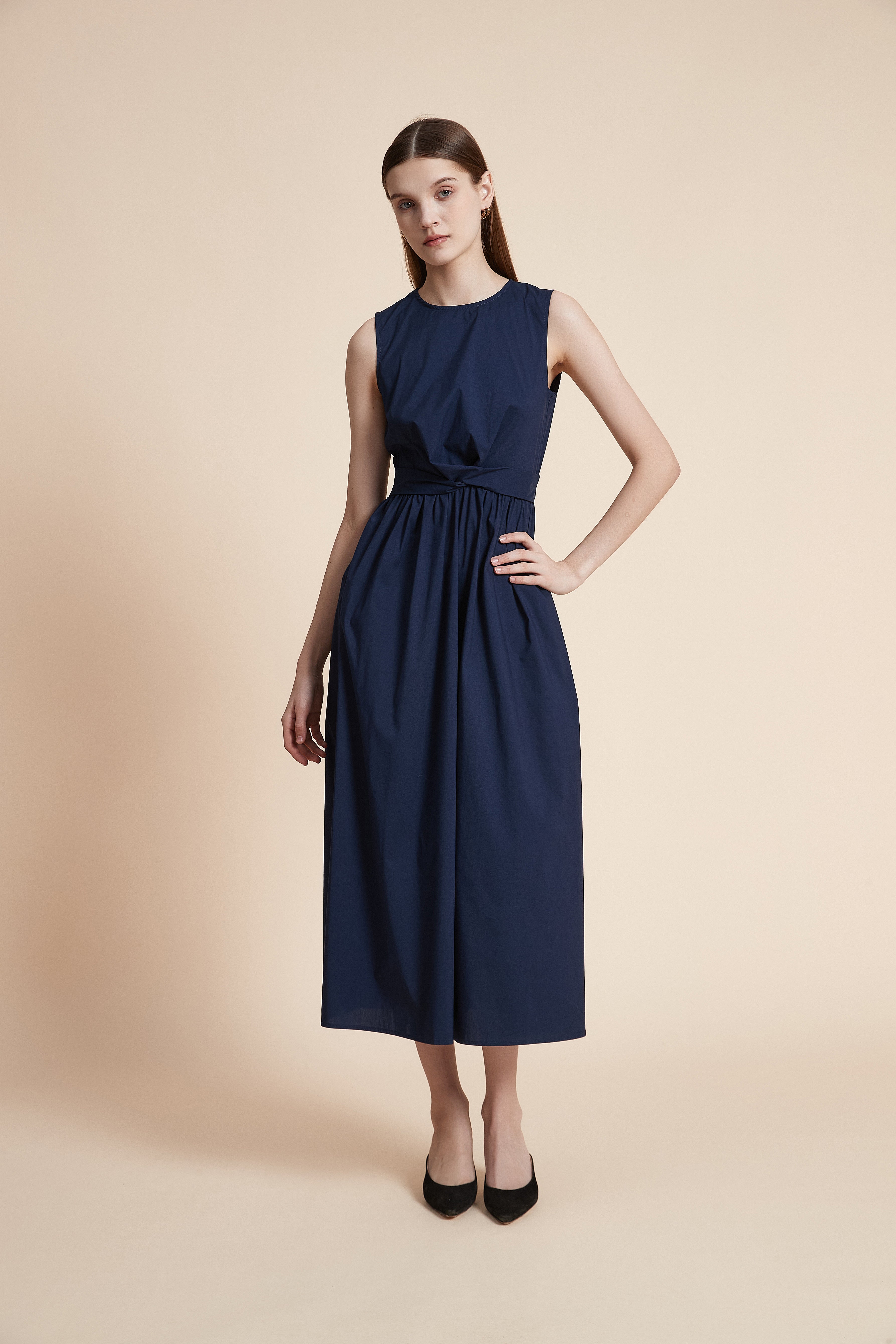 Solid Maxi Dress with Waist Detail - Sleeveless