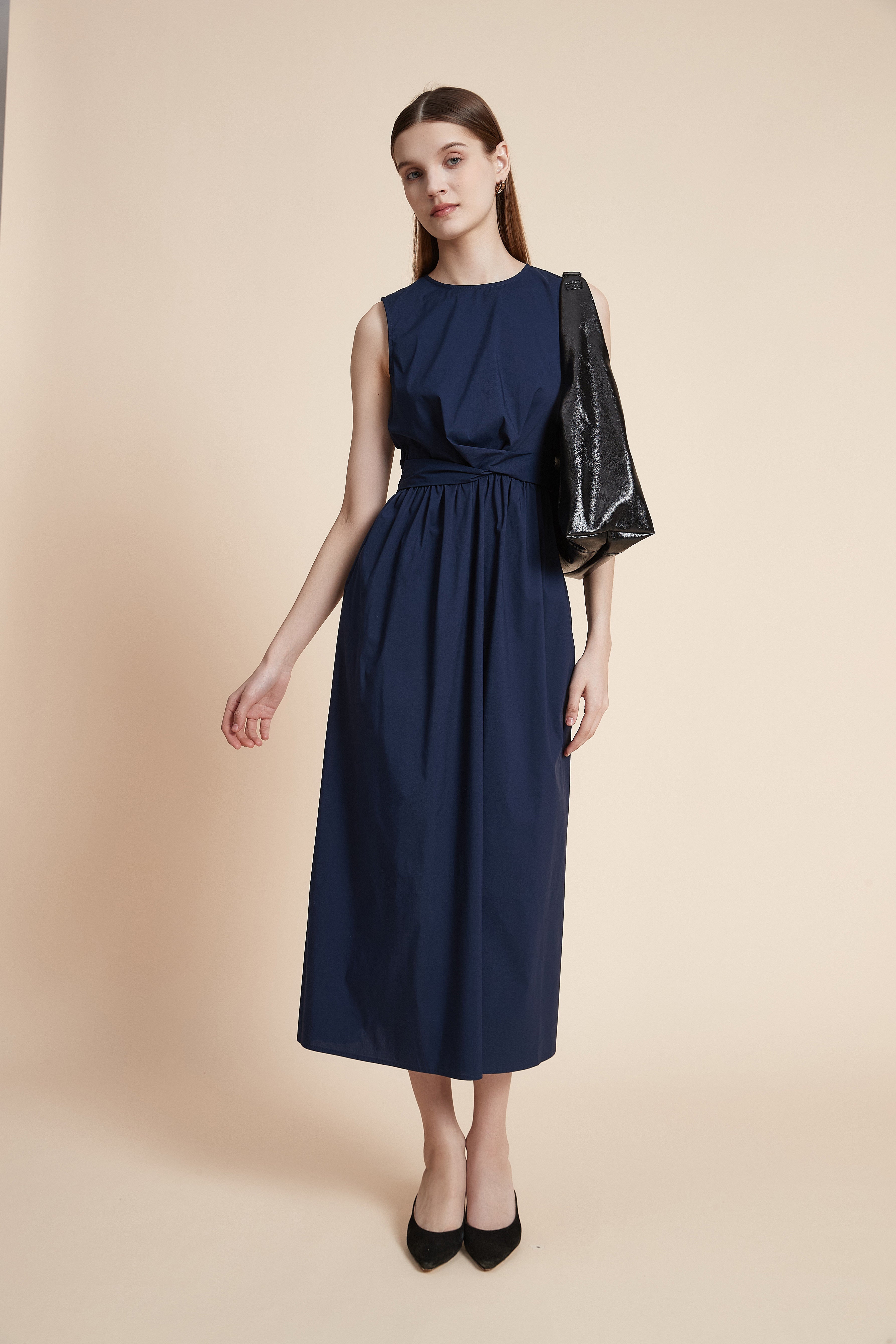 Solid Maxi Dress with Waist Detail - Sleeveless