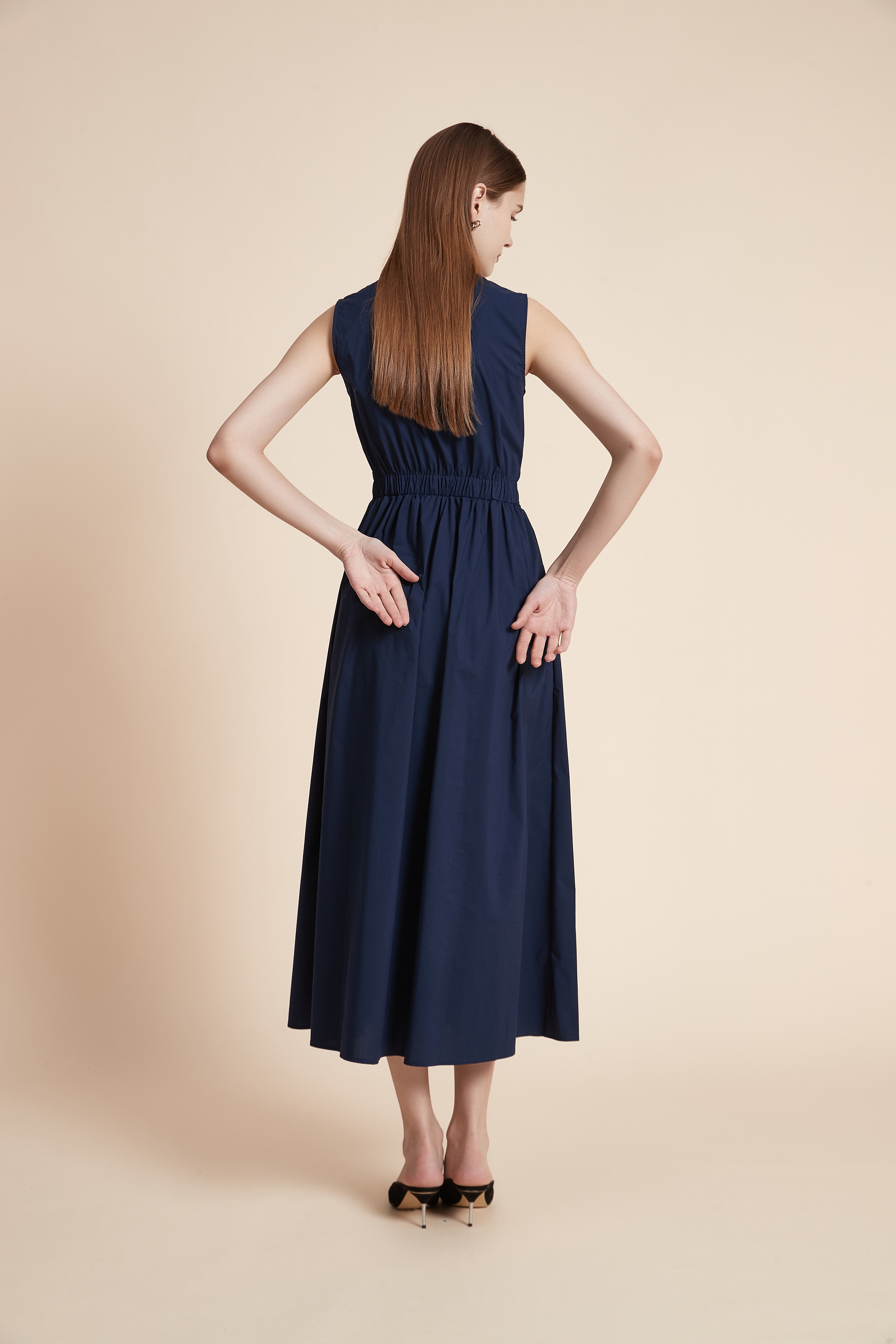 Solid Maxi Dress with Waist Detail - Sleeveless