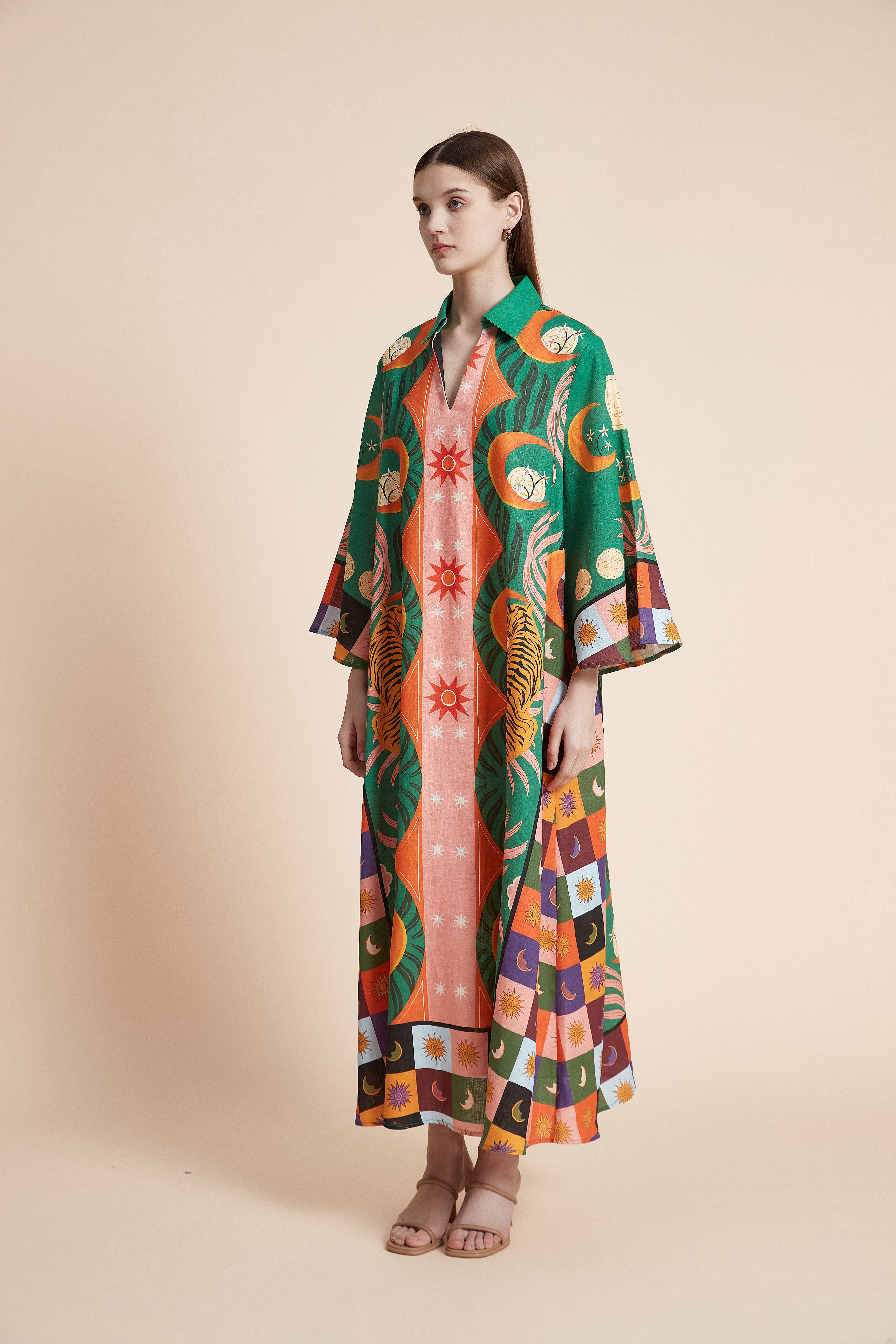 فستان ماكسي لينين بنقشة النمر السماوية