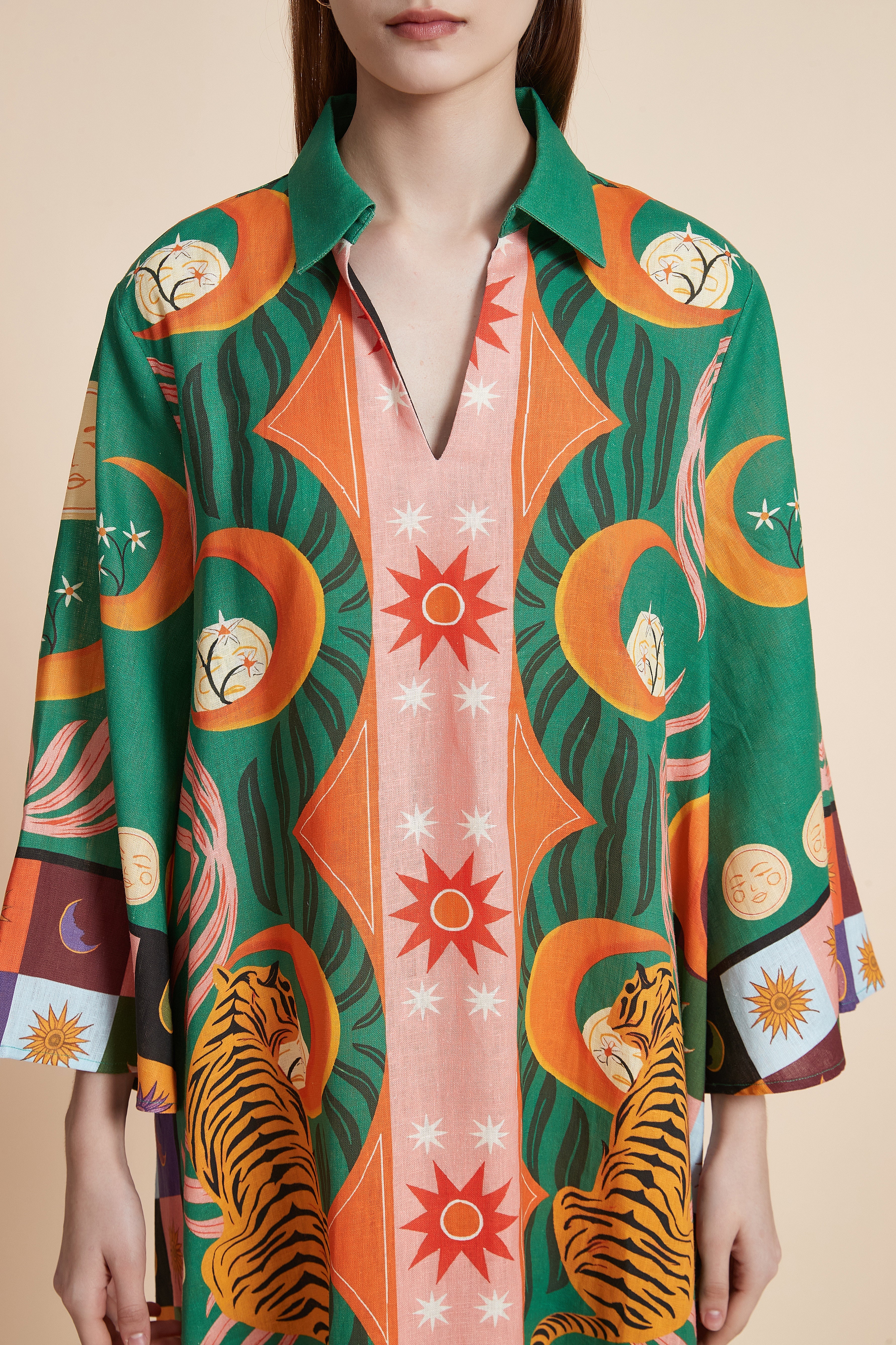 فستان ماكسي لينين بنقشة النمر السماوية