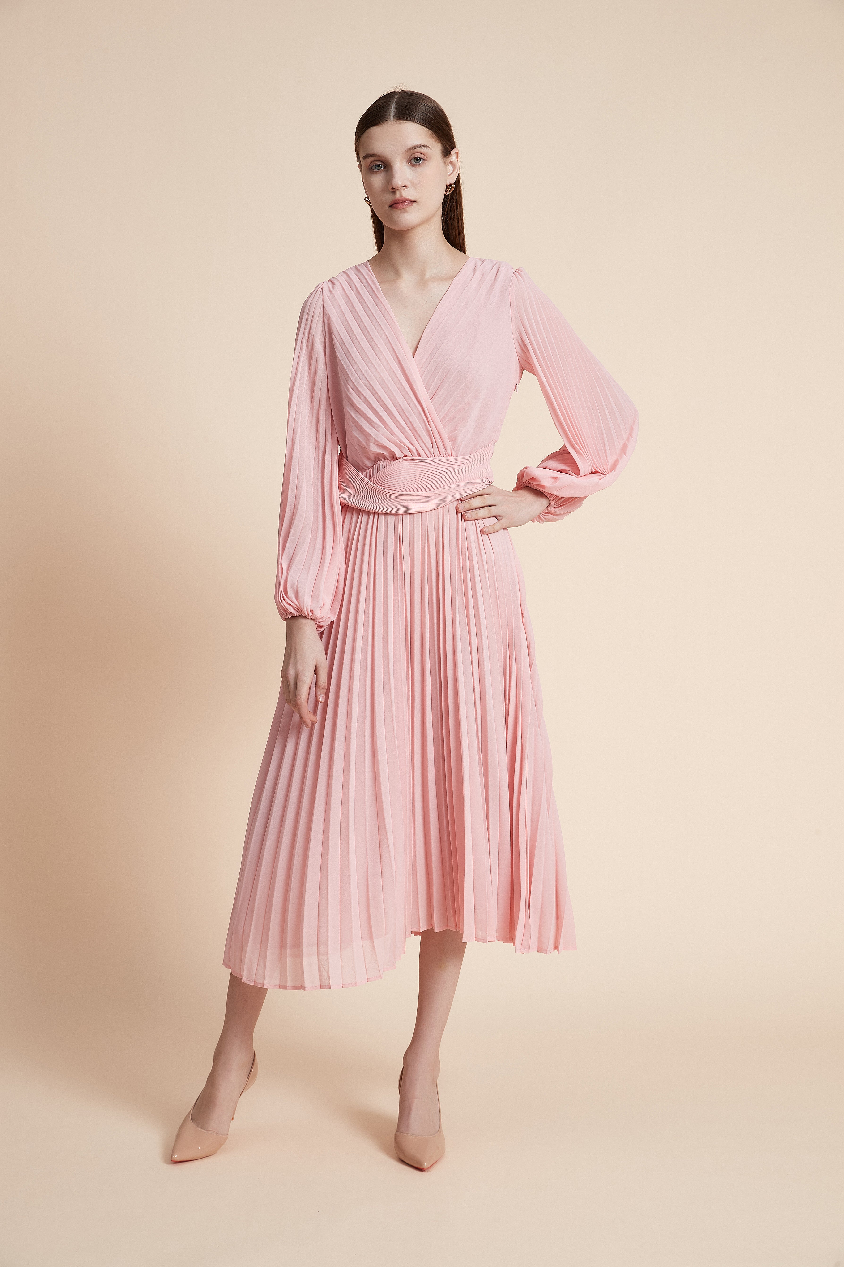 Long Sleeve Pleated Midi Dress