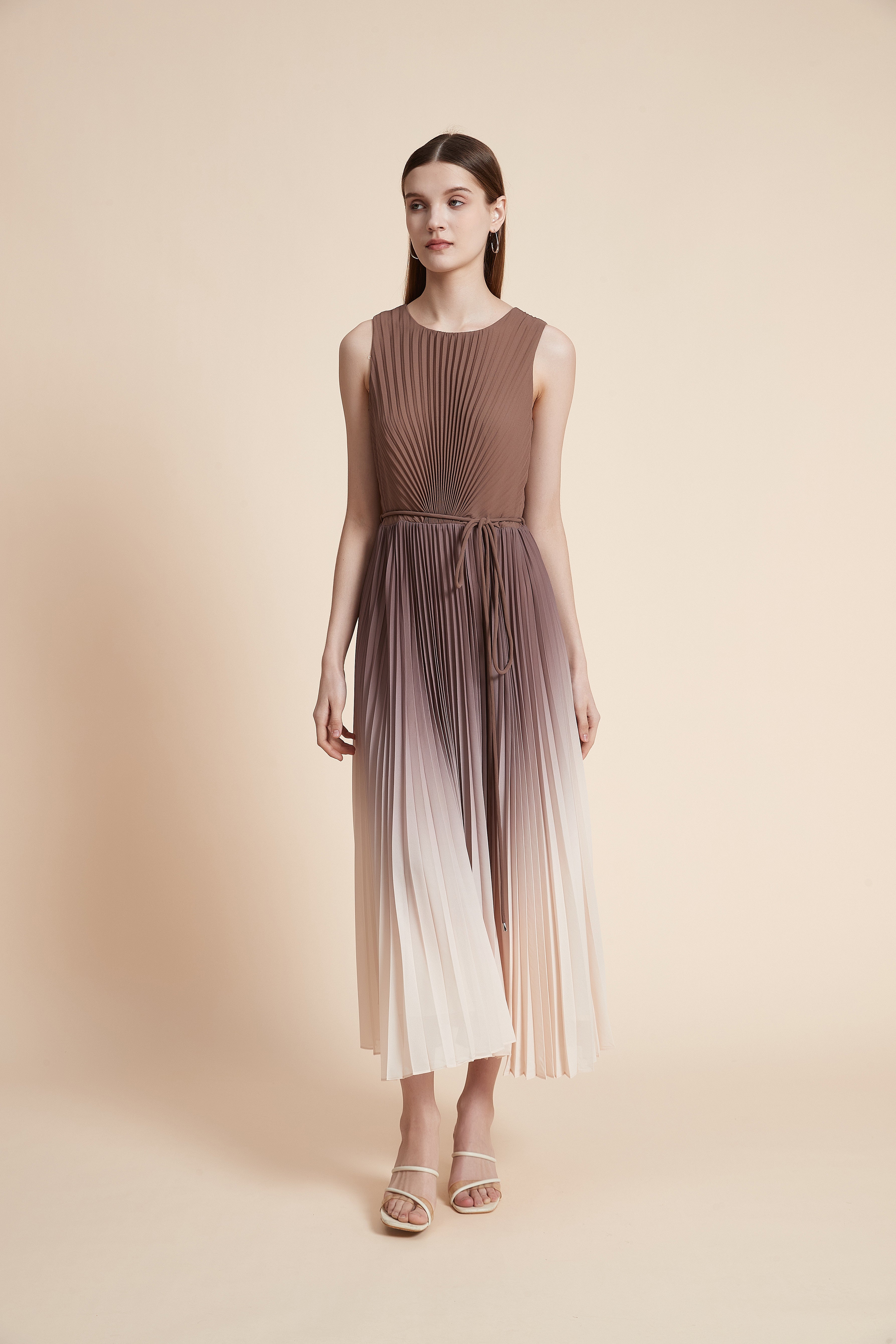 Pleated Midi Dress with Waist Detail - Sleeveless