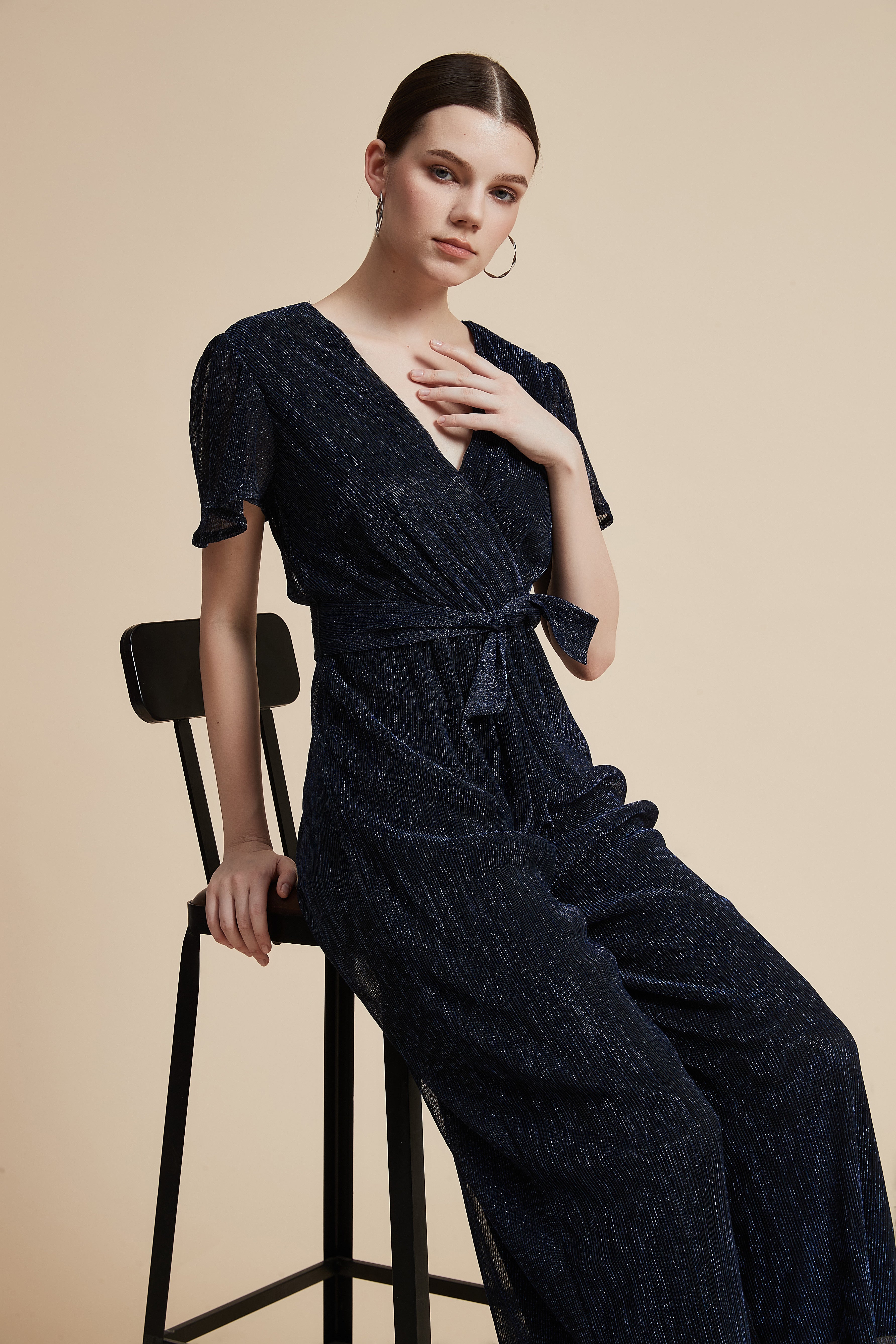 Short-Sleeve Tie-Waist Jumpsuit