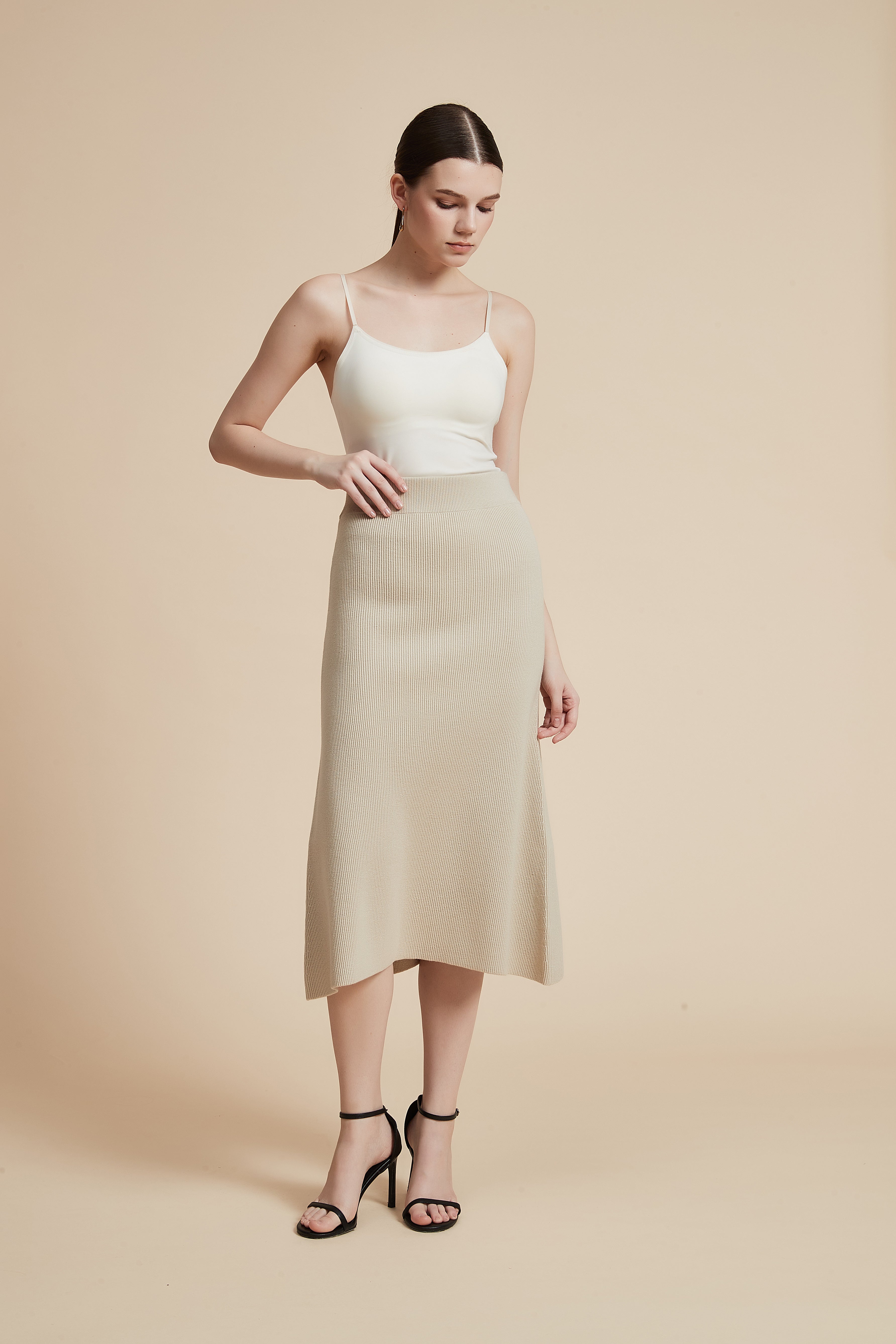 Solid Ribbed Midi Skirt