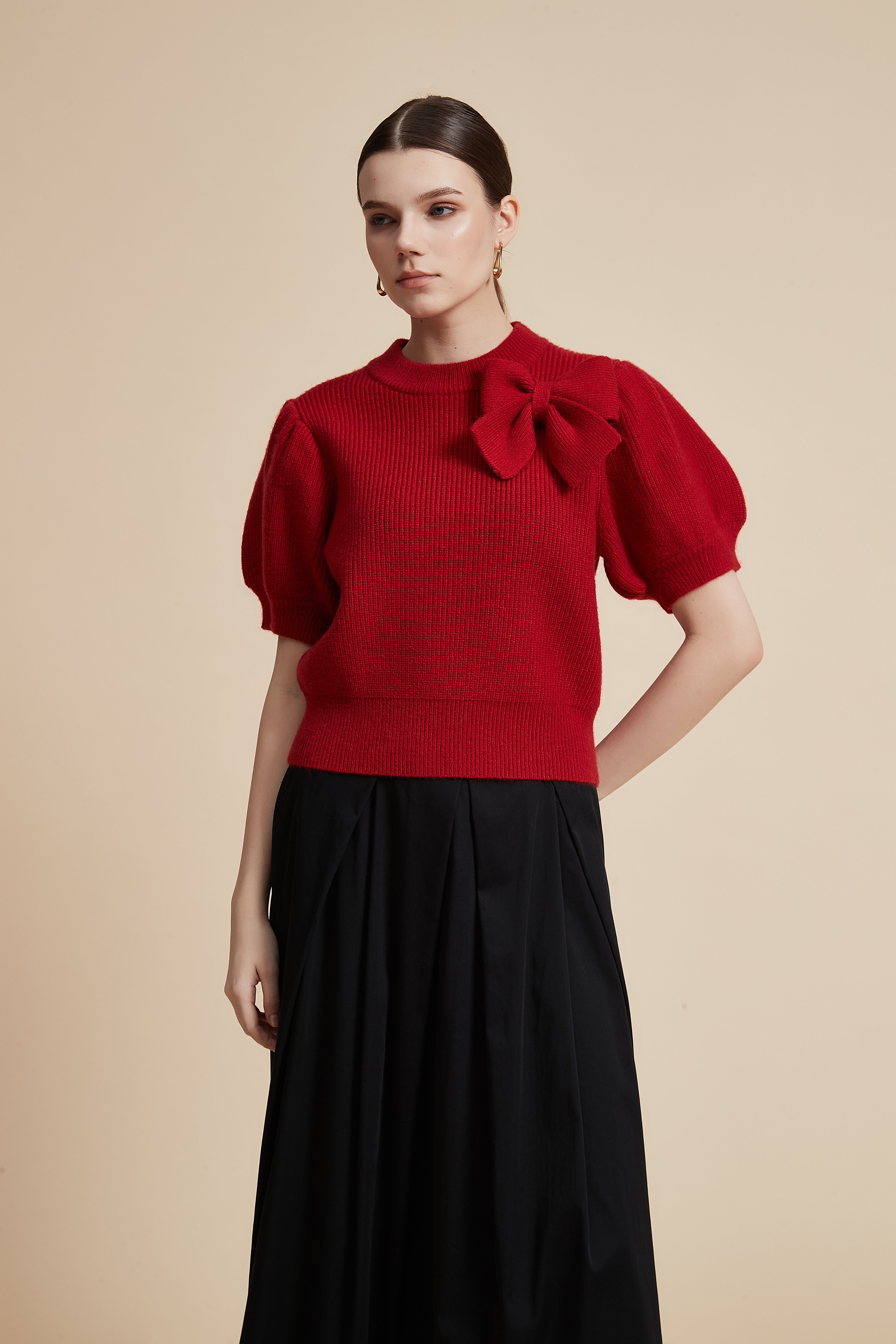 Short Sleeve Waist-Length Sweater with Shoulder Bow