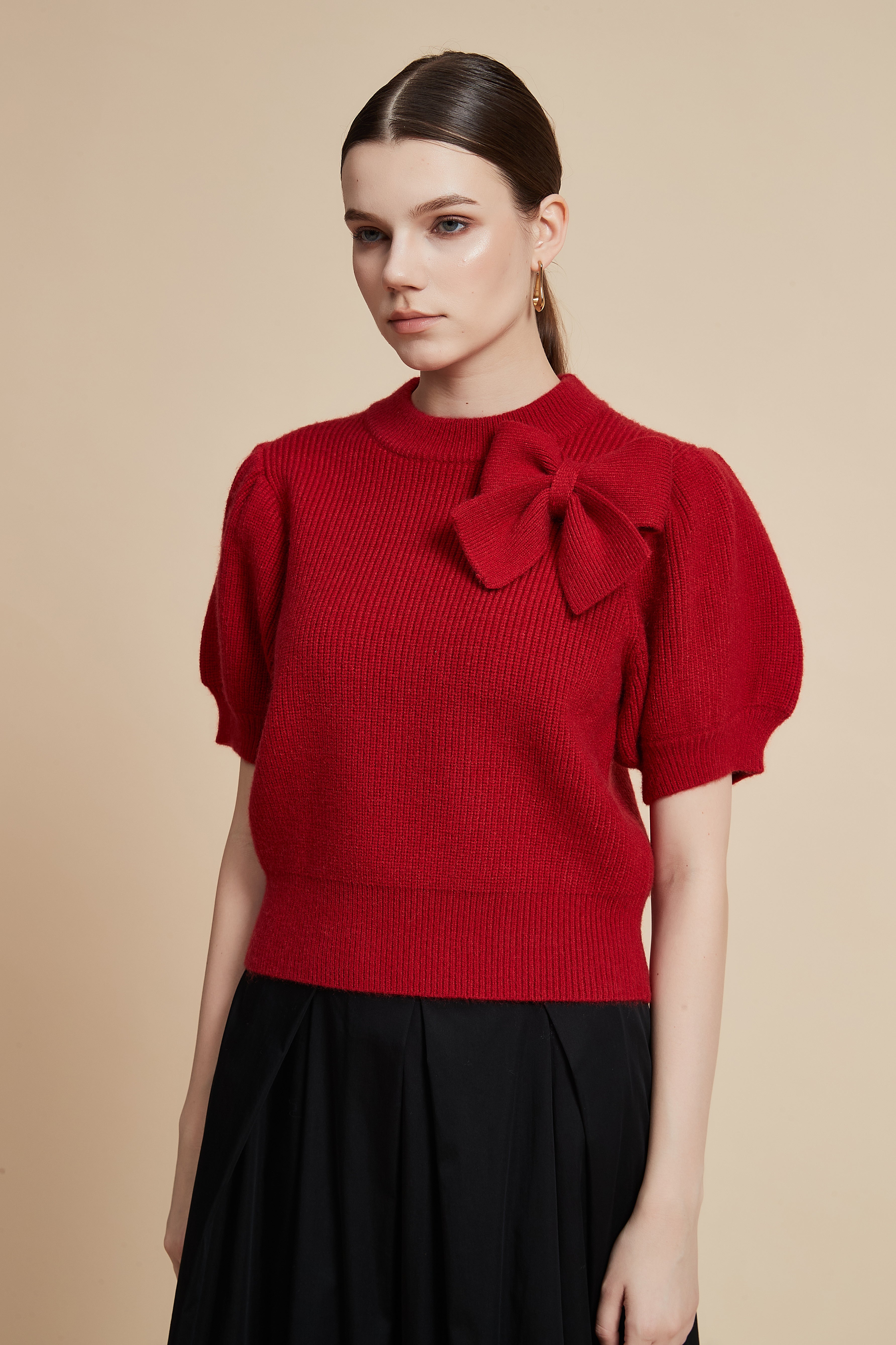 Short Sleeve Waist-Length Sweater with Shoulder Bow