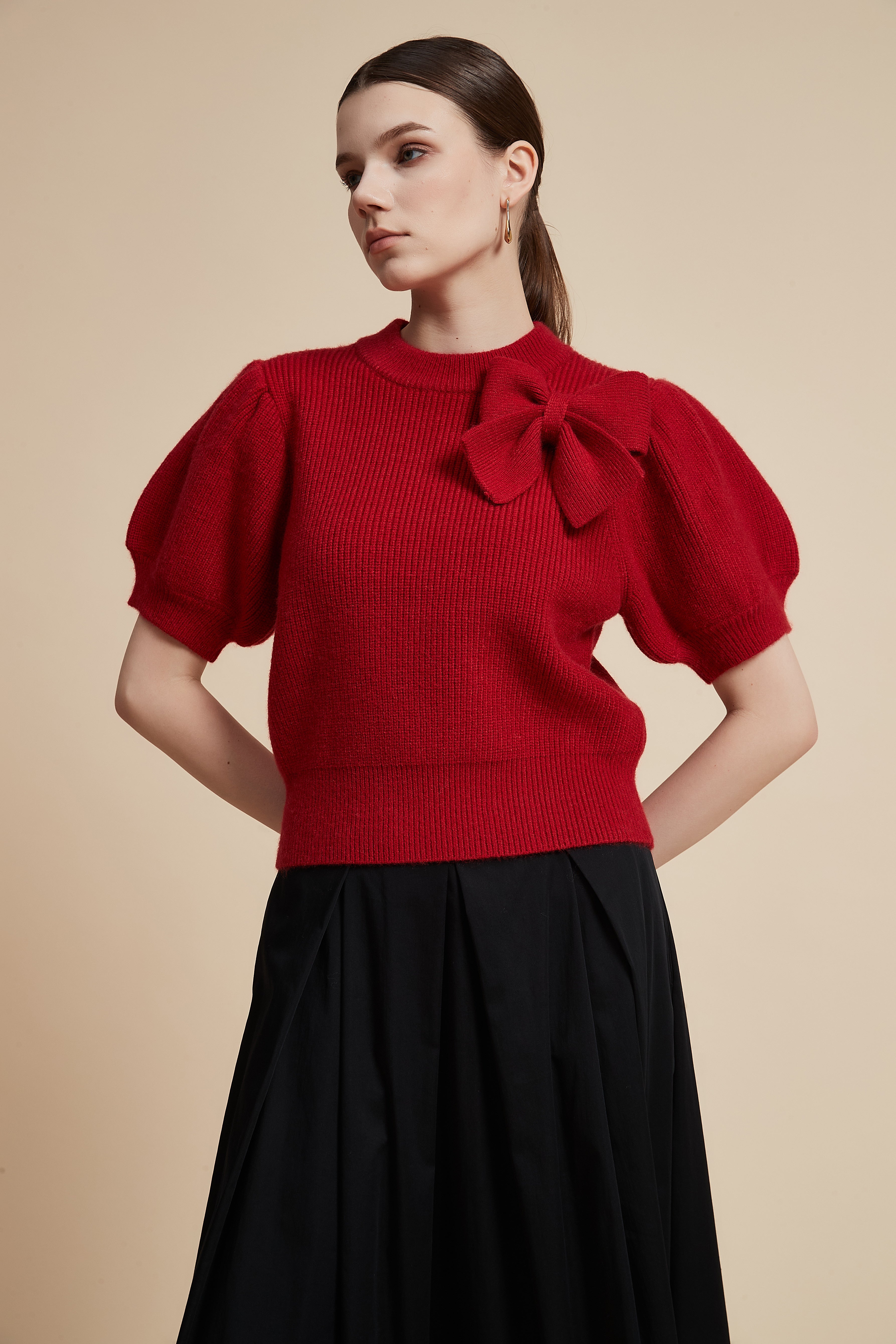 Short Sleeve Waist-Length Sweater with Shoulder Bow