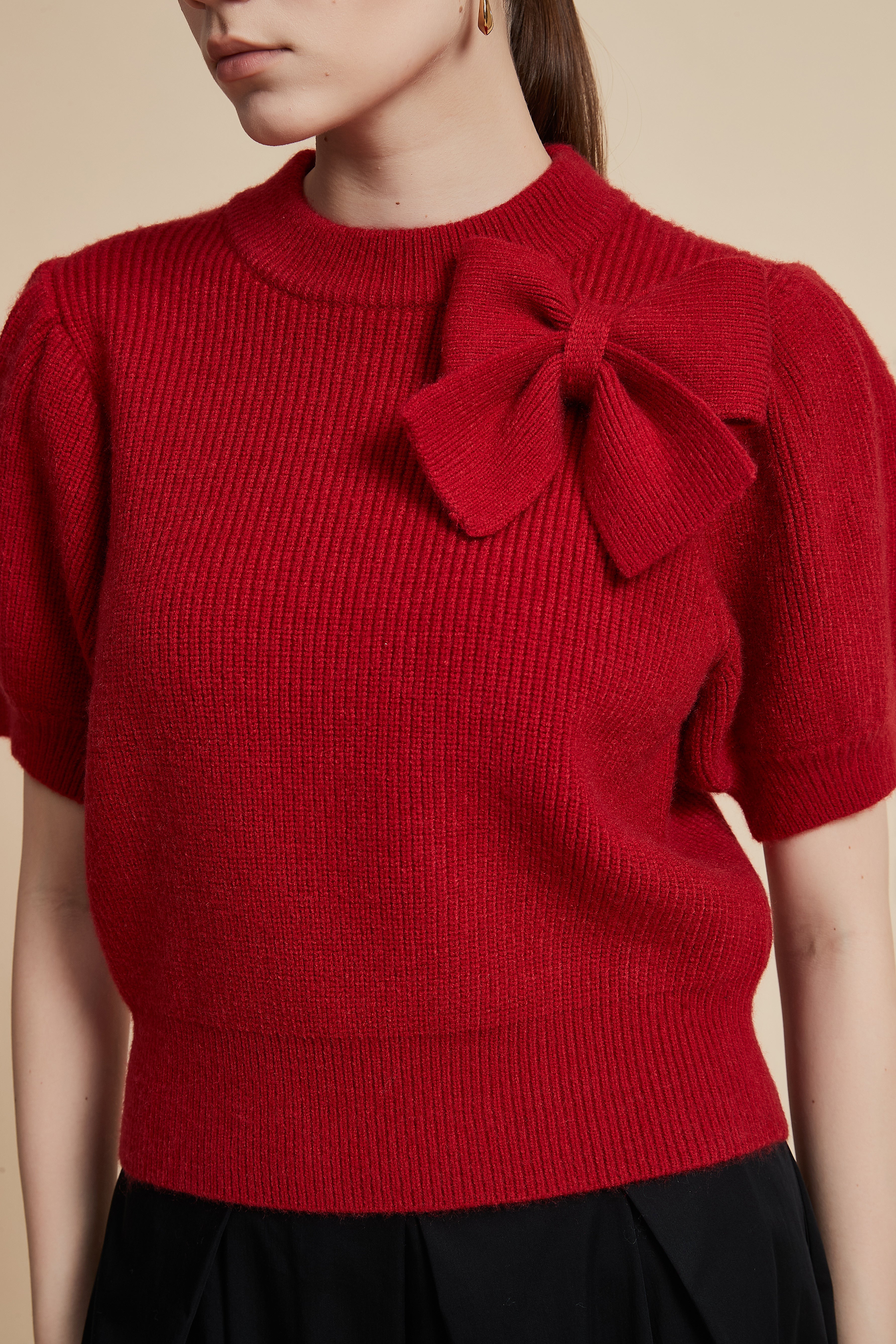 Short Sleeve Waist-Length Sweater with Shoulder Bow