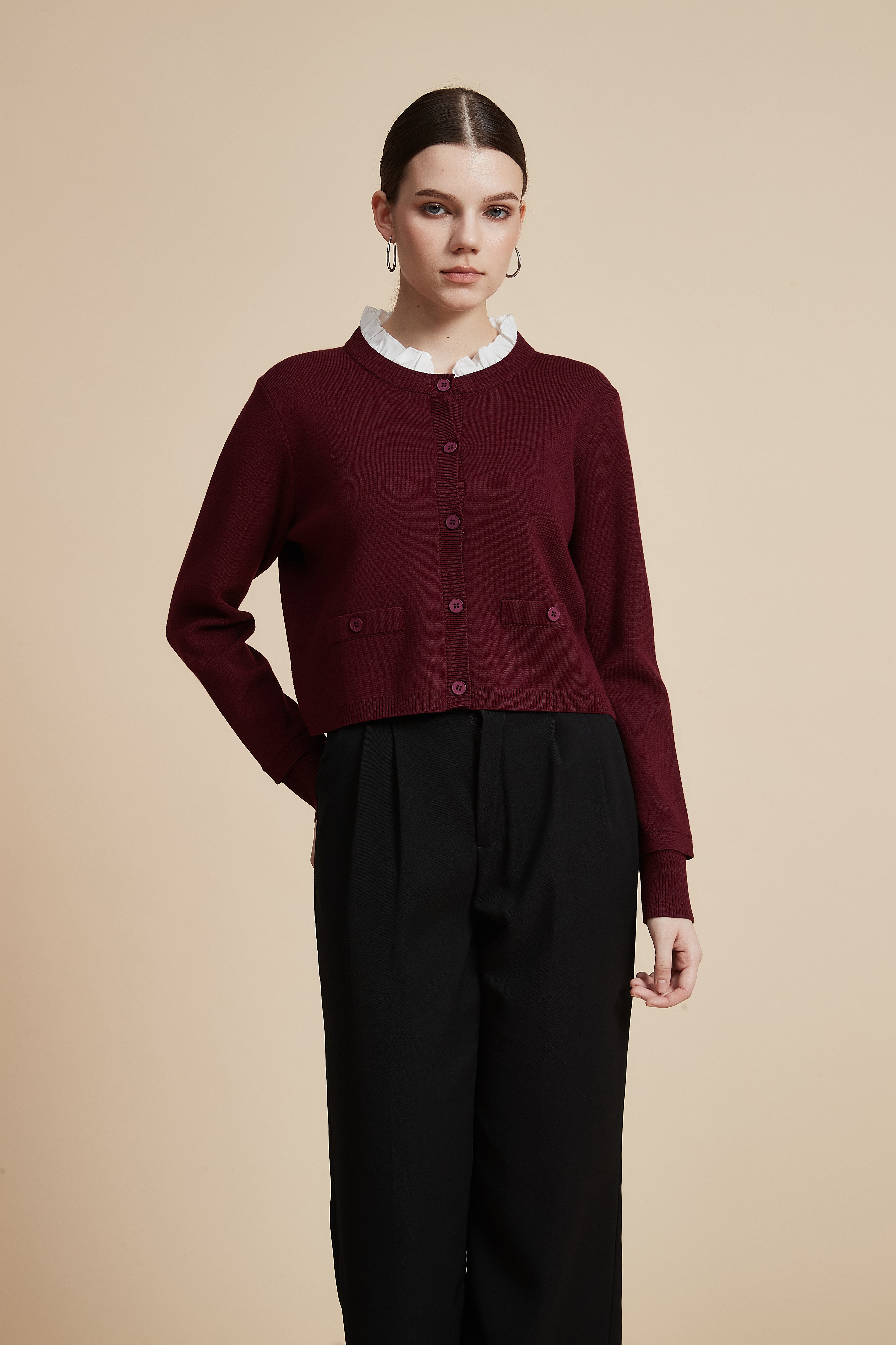 Waist-Length Long Sleeve Cardigan with Front Buttons