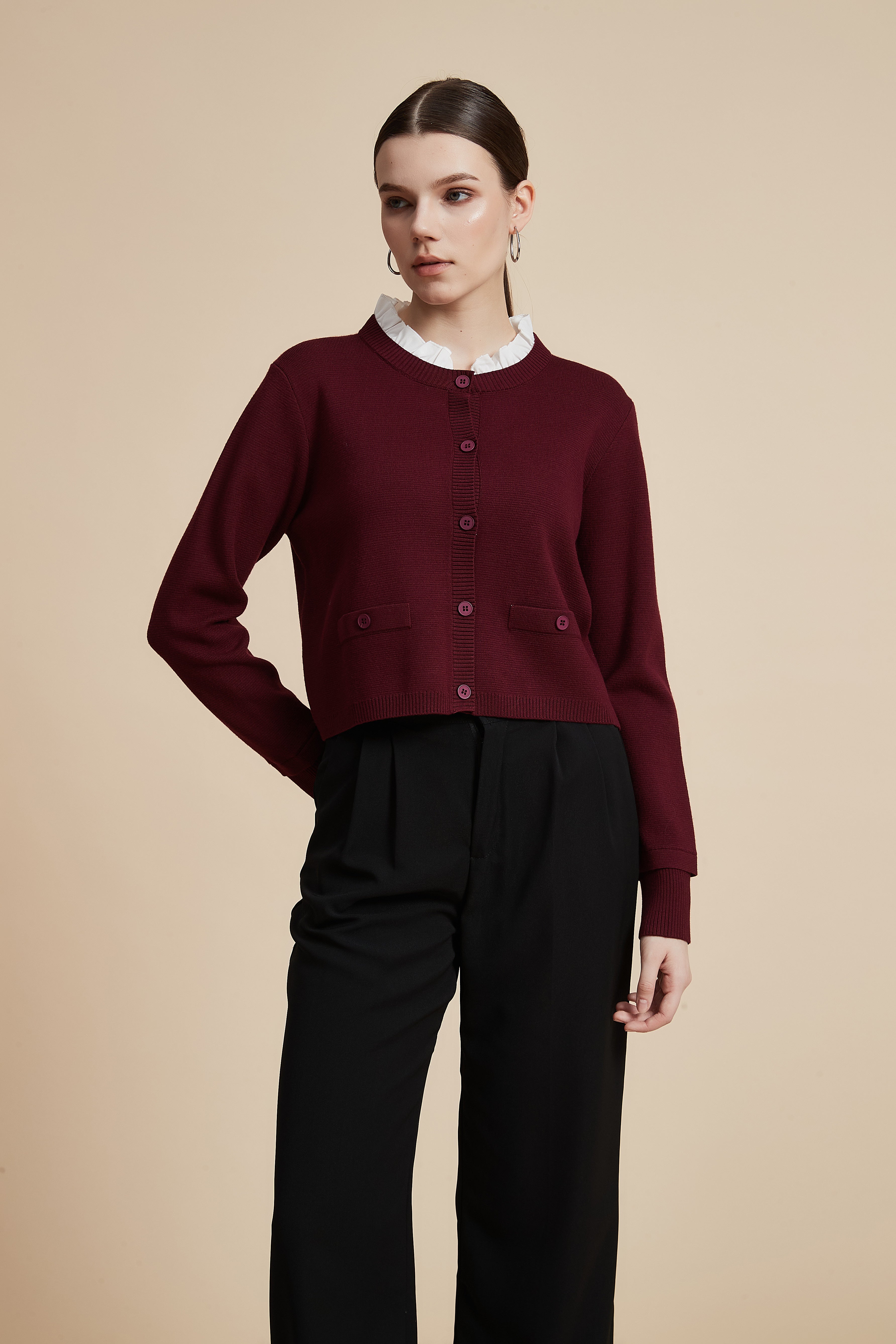 Shop Waist-Length Long Sleeve Cardigan with Front Buttons | Yola