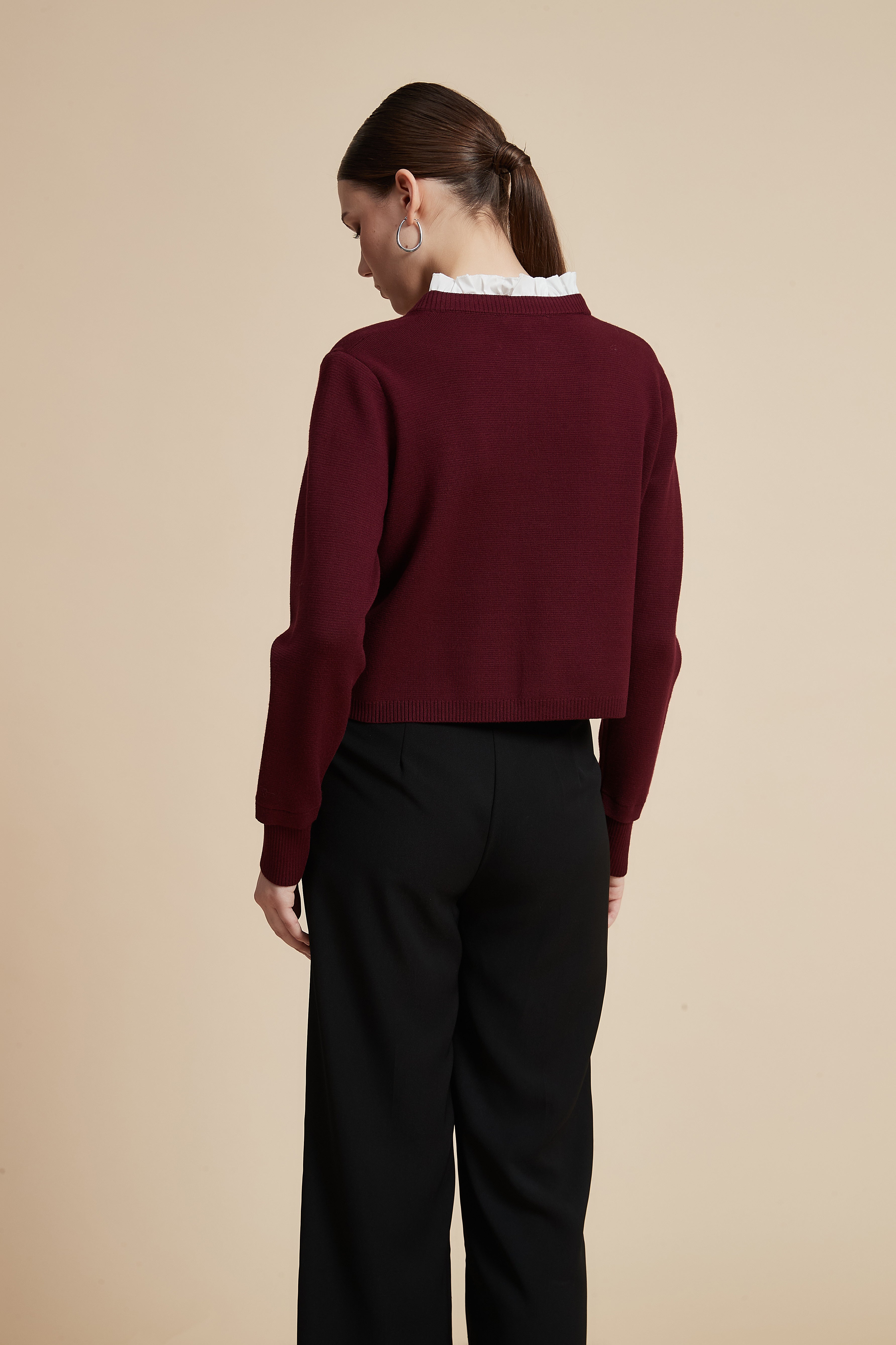 Waist-Length Long Sleeve Cardigan with Front Buttons