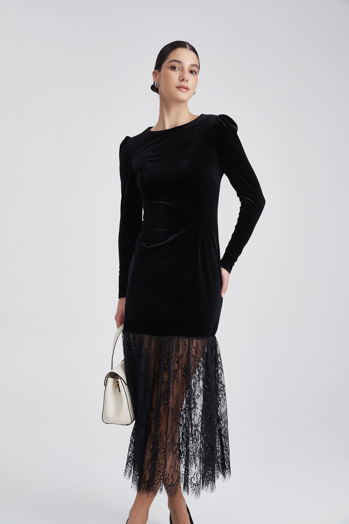 Long-Sleeve Evening Dress With Half-Lace Detail