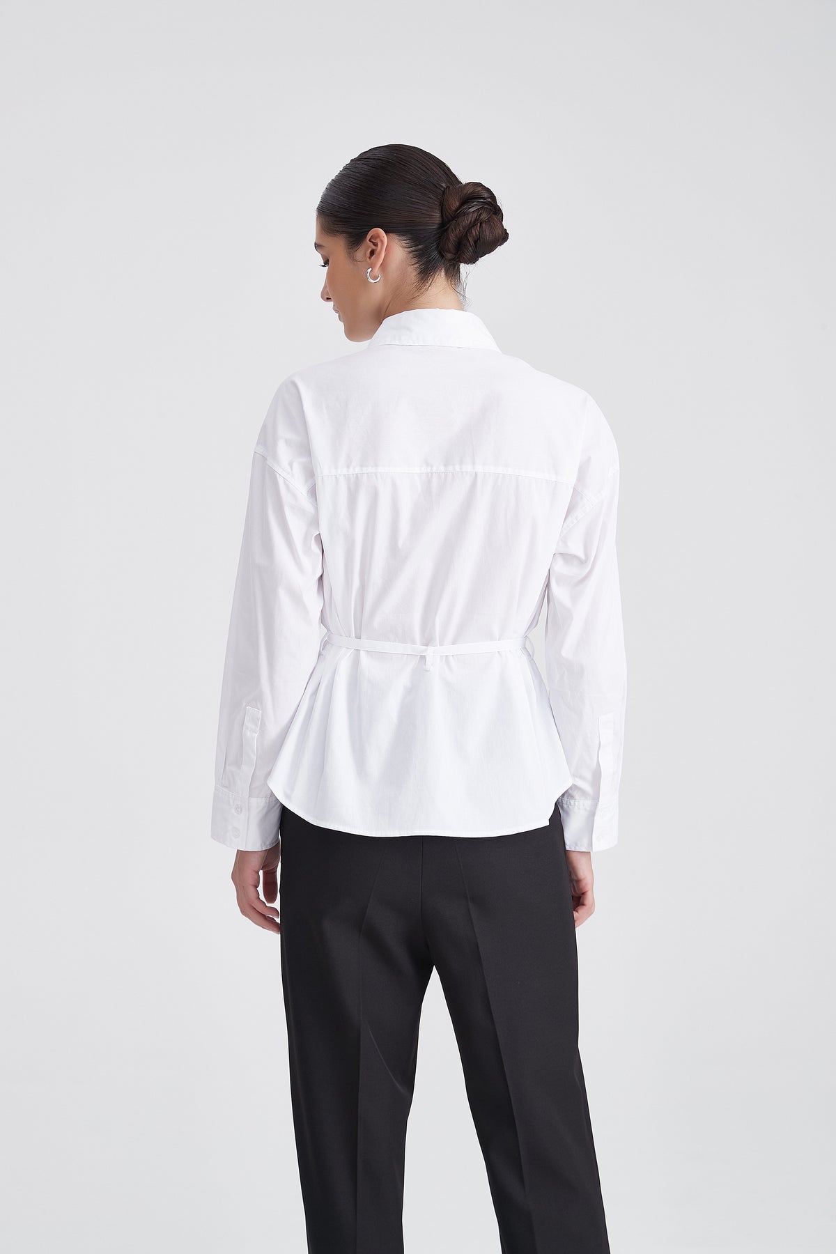 Plain Long-Sleeve Shirt with Waist Belt