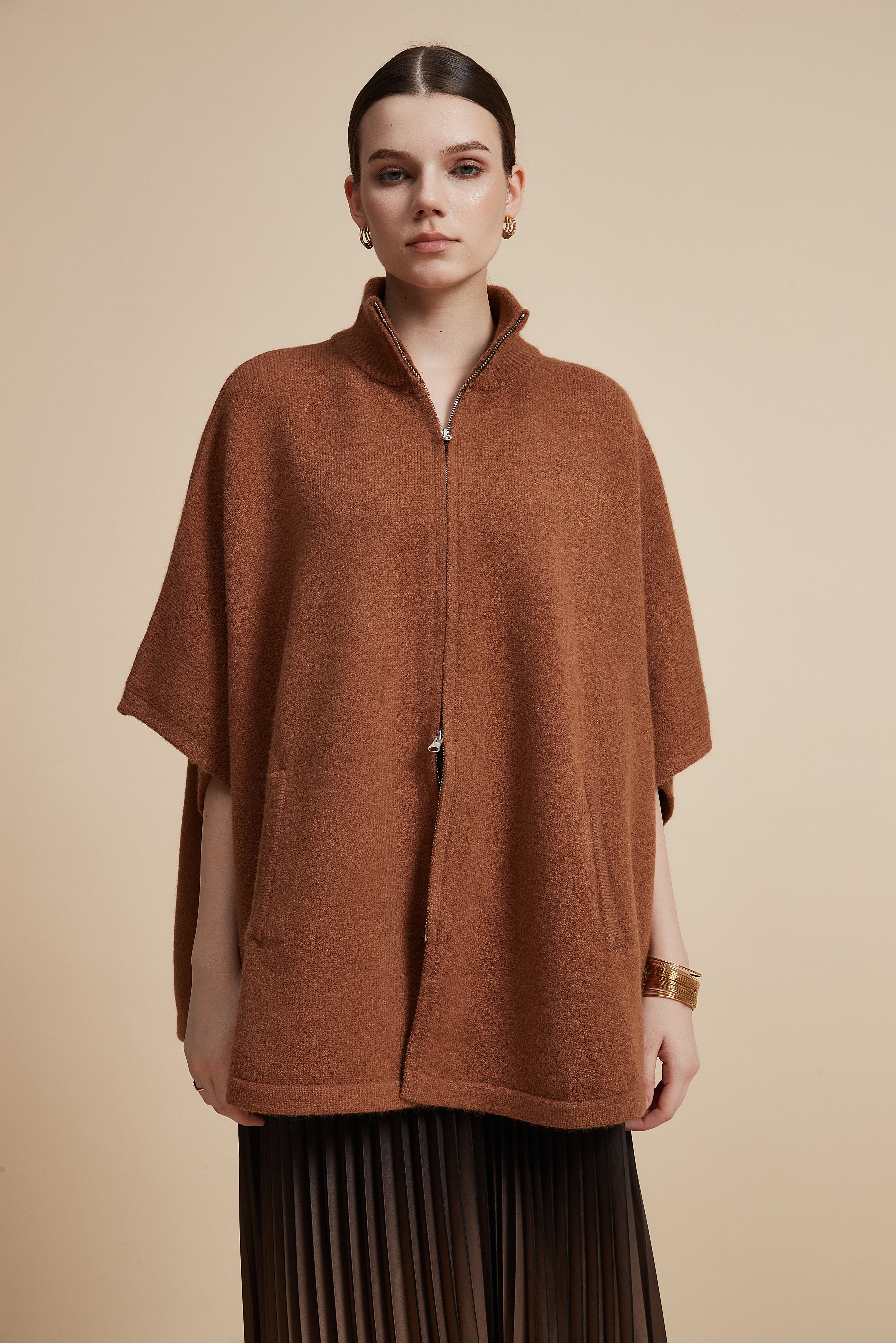 Solid 3/4 Sleeve Jacket with Front Zipper