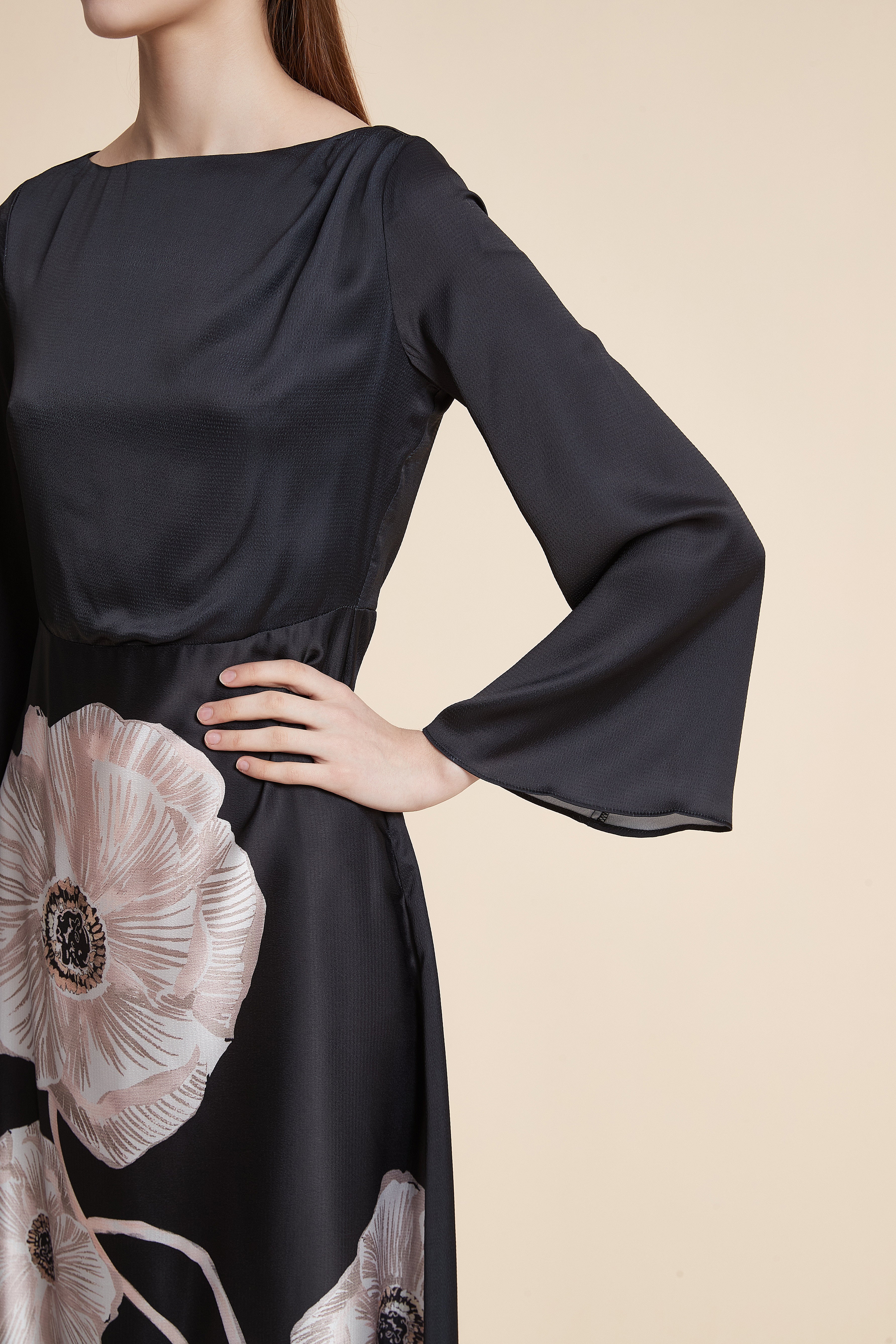 Long Sleeve Large Floral Print Midi Dress