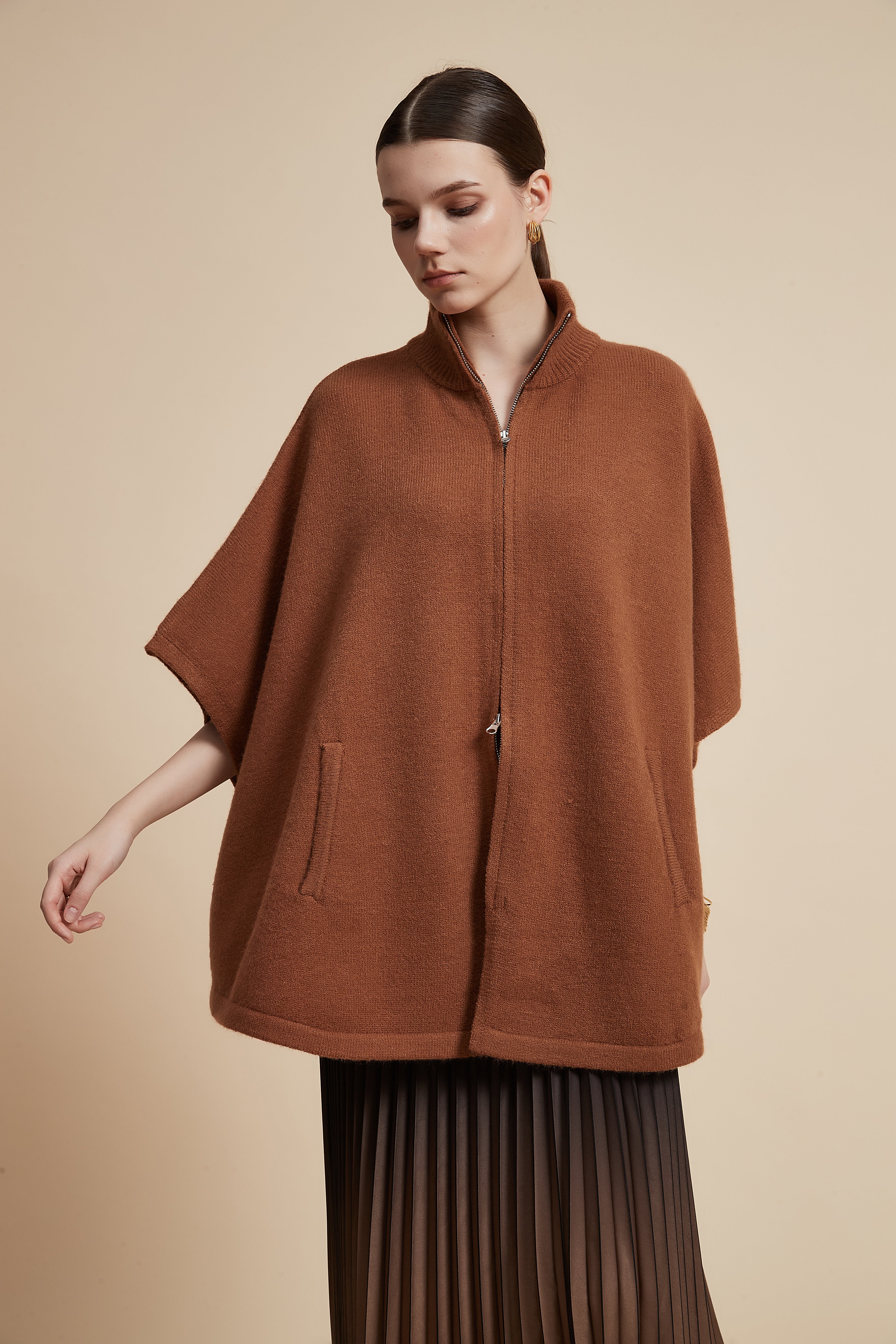 Solid 3/4 Sleeve Jacket with Front Zipper