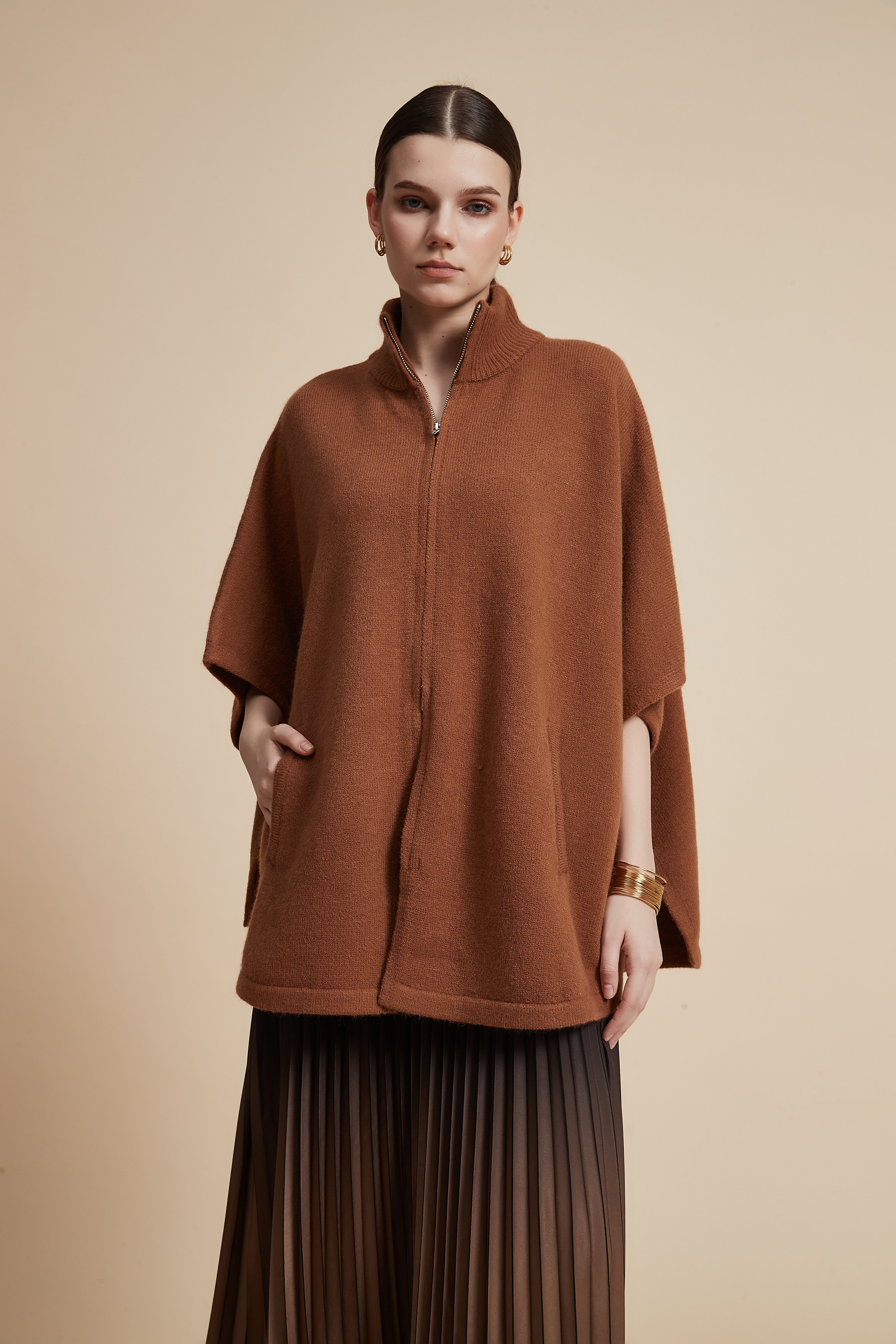 Solid 3/4 Sleeve Jacket with Front Zipper