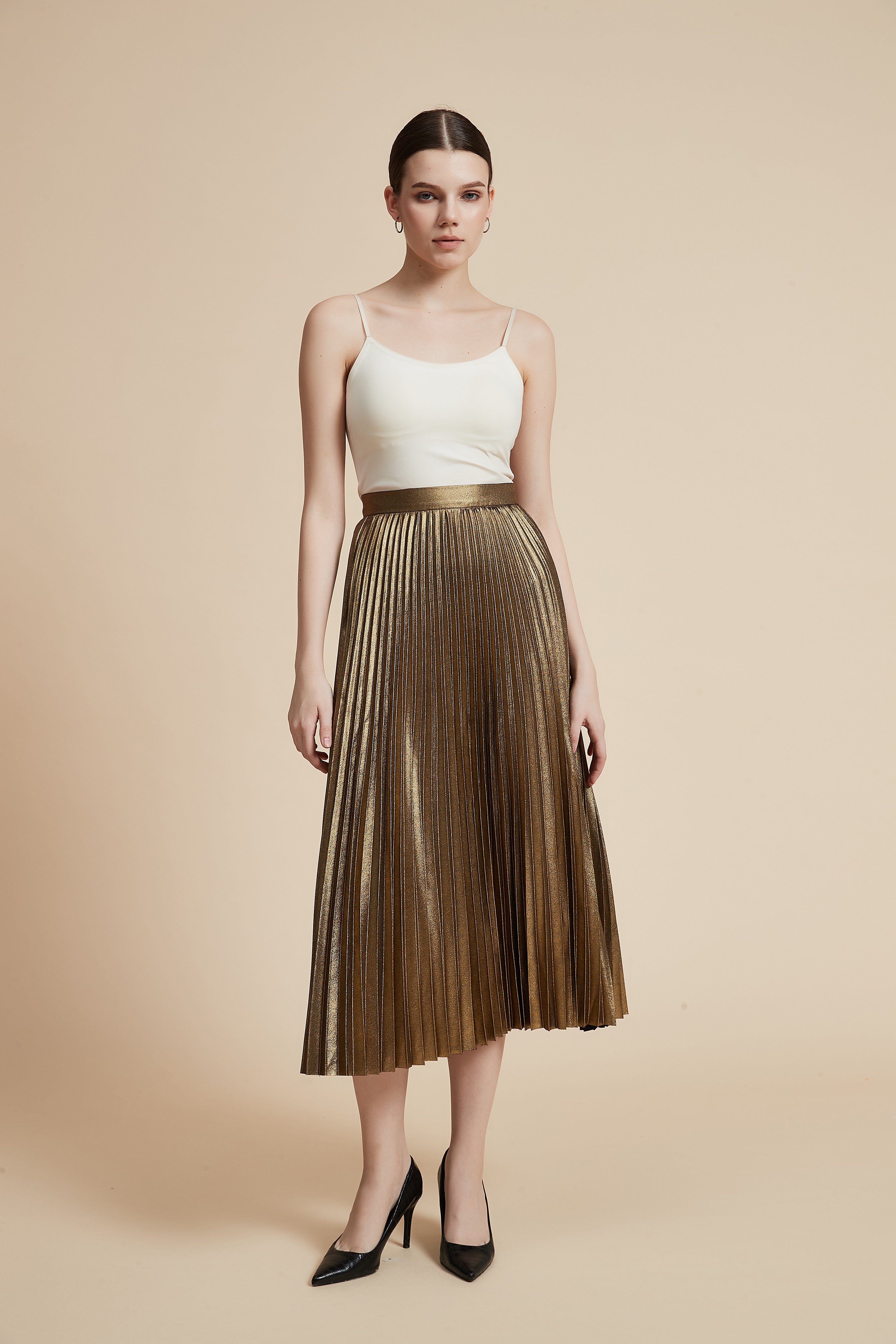 Shiny Pleated Midi Skirt