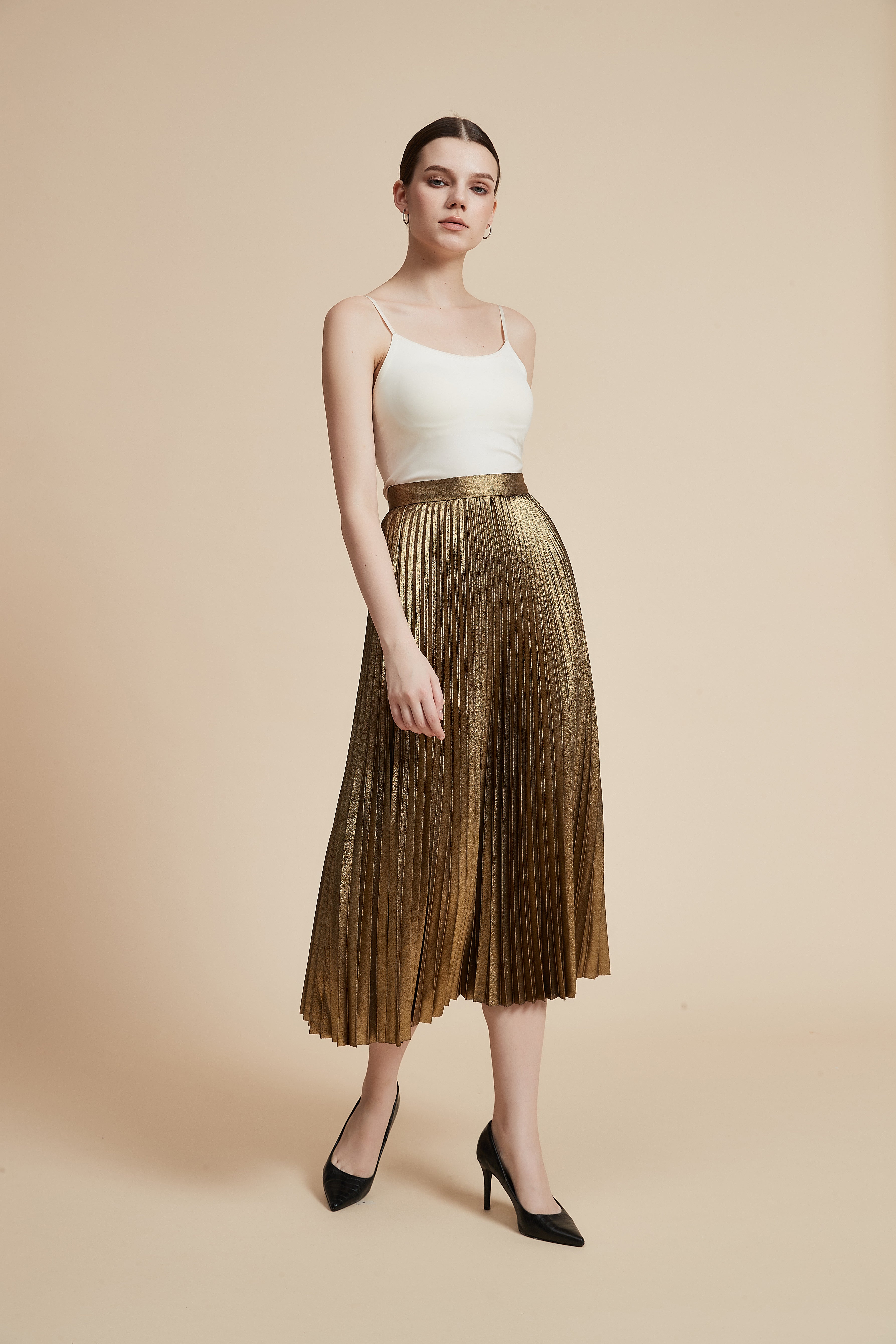 Shiny Pleated Midi Skirt