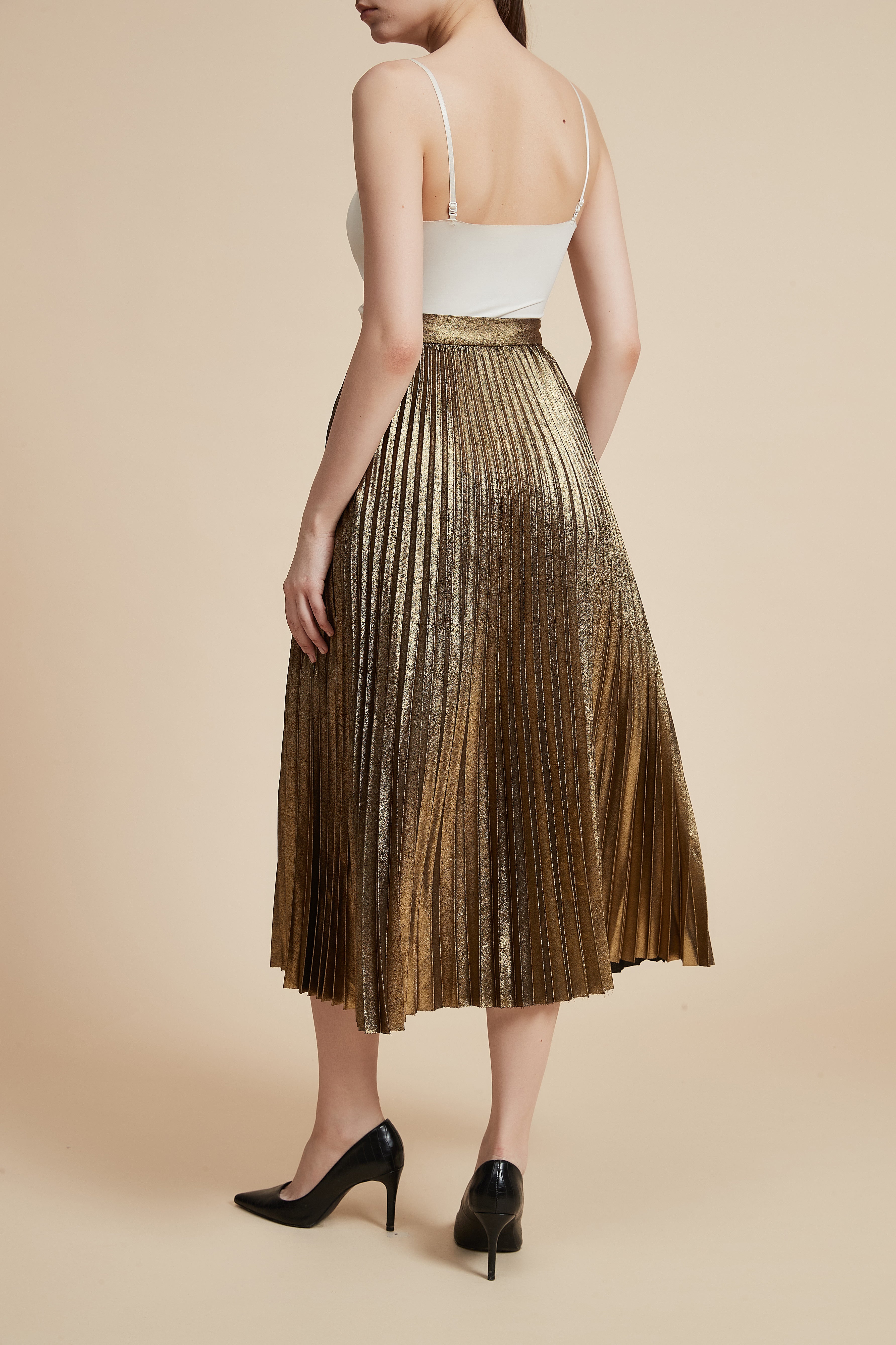 Shiny Pleated Midi Skirt