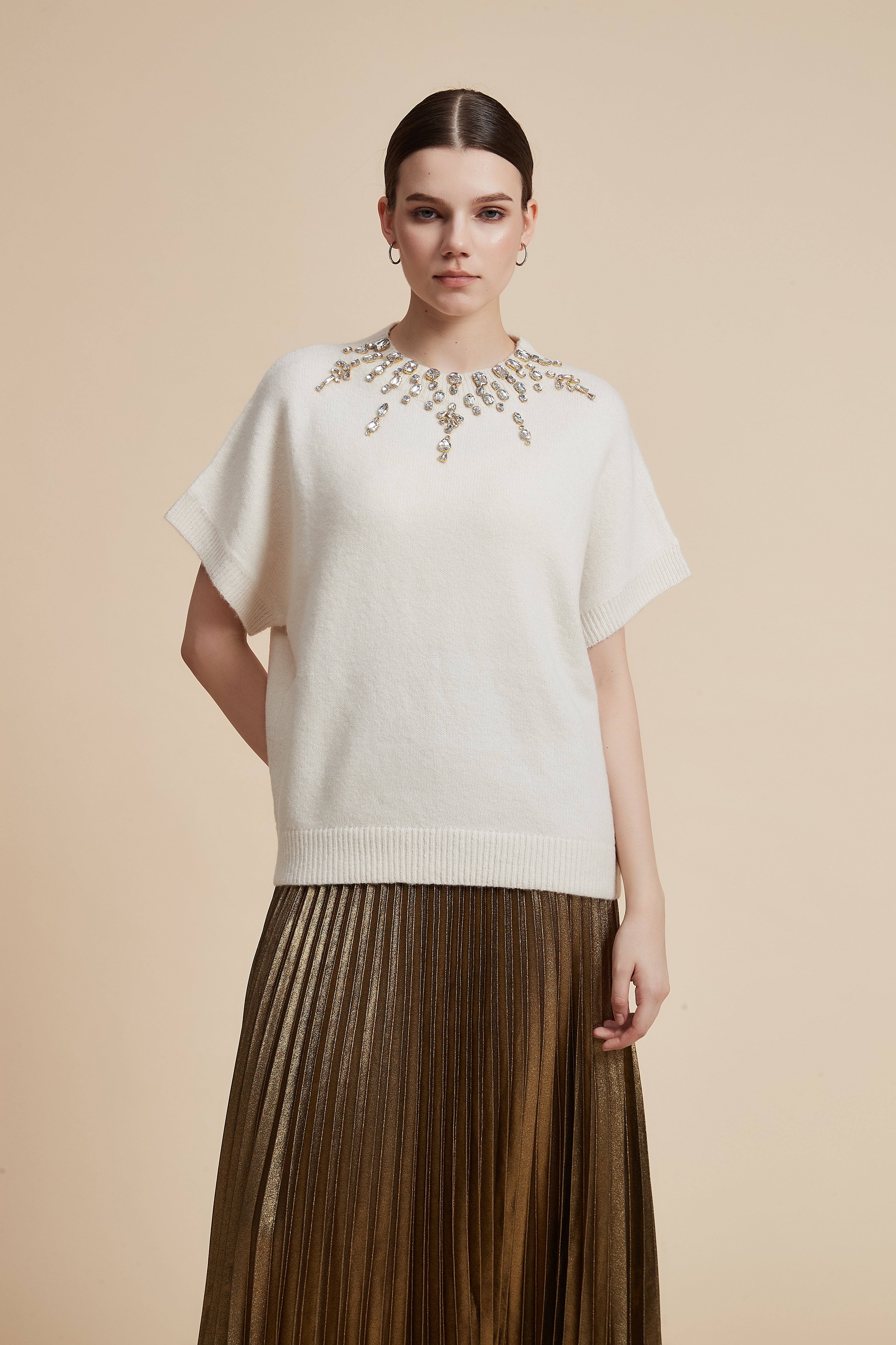 Short Sleeve Round Neck Beaded Blouse