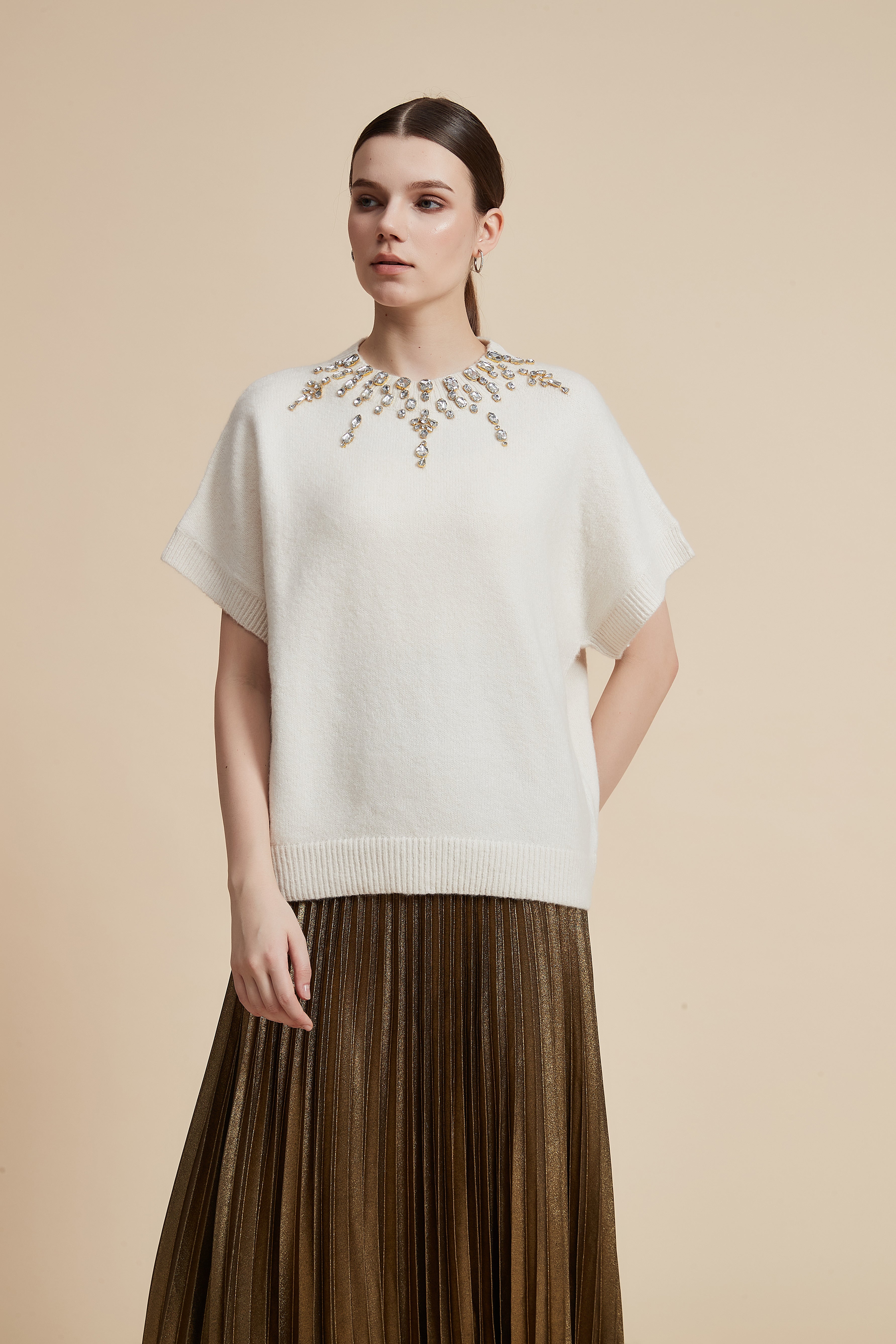 Short Sleeve Round Neck Beaded Blouse