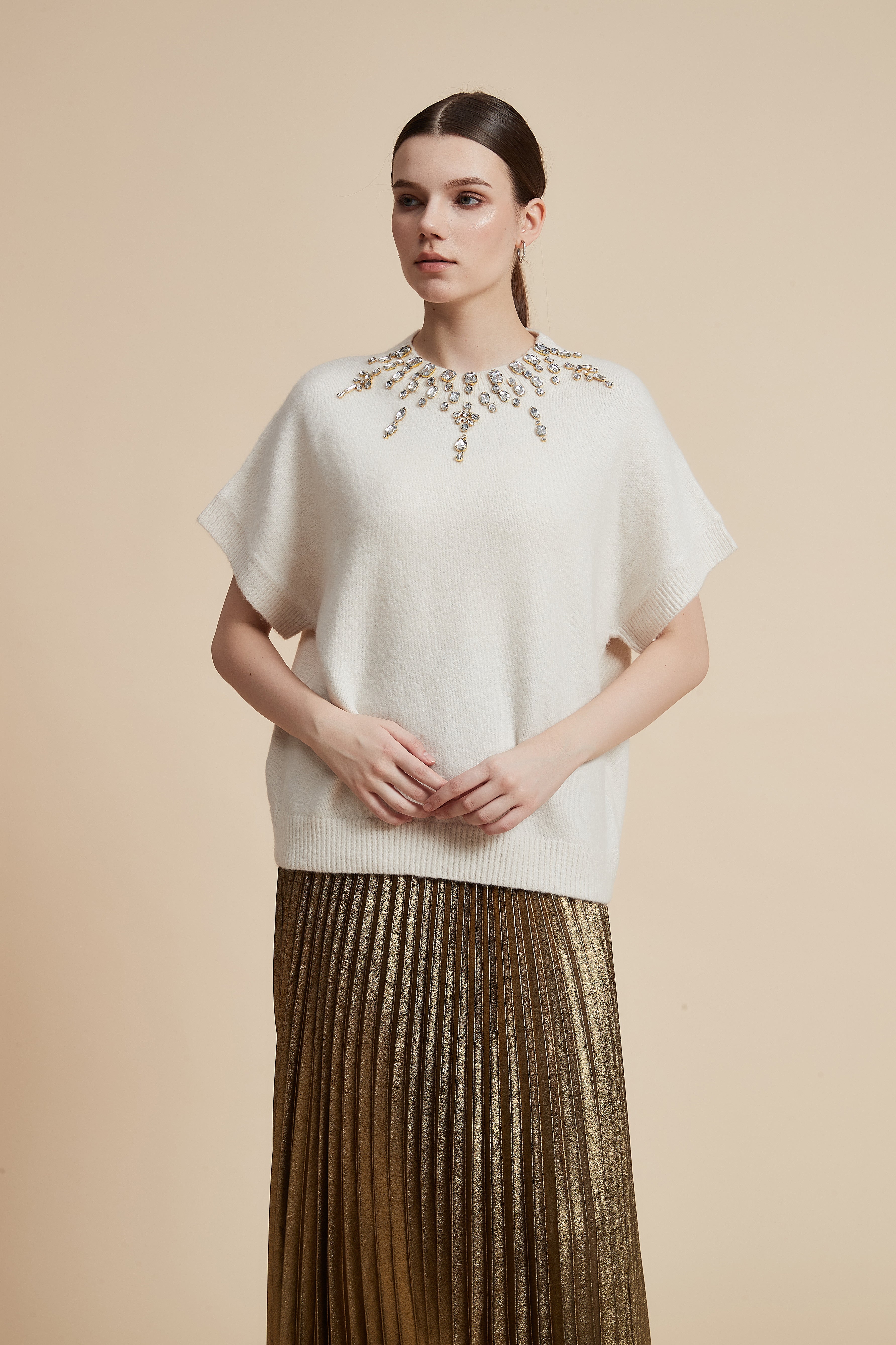 Short Sleeve Round Neck Beaded Blouse