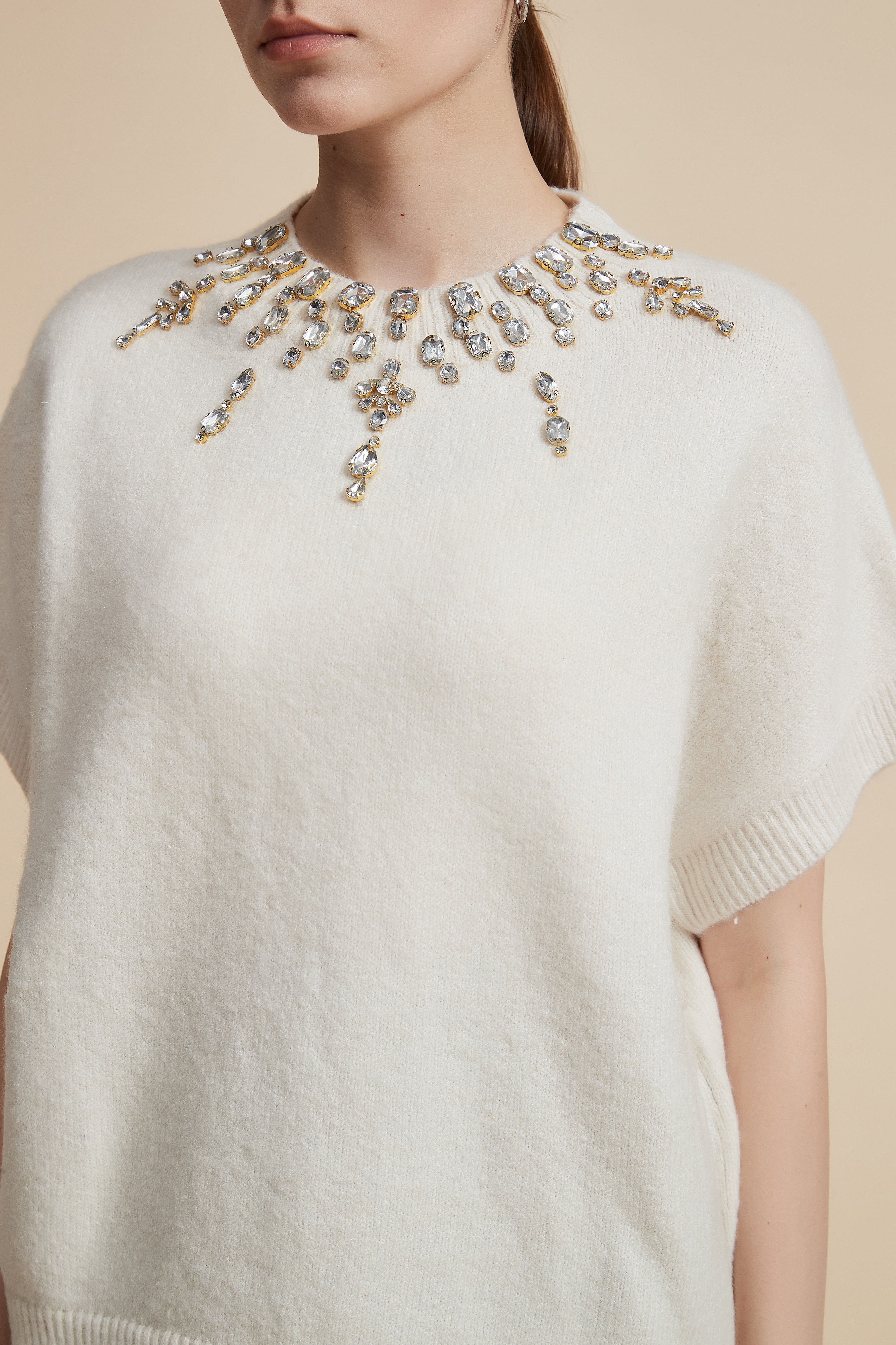 Short Sleeve Round Neck Beaded Blouse