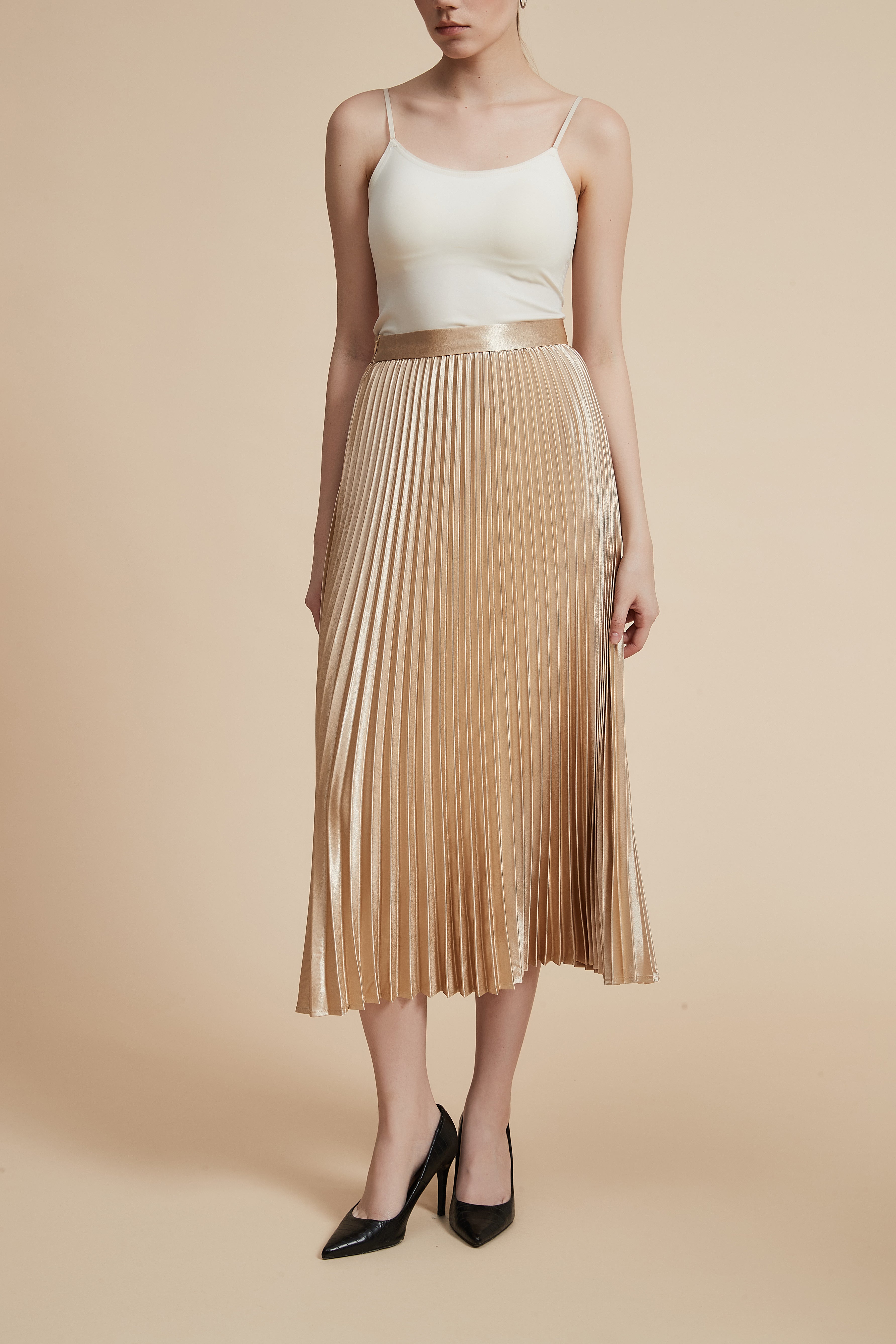Solid Pleated Midi Skirt