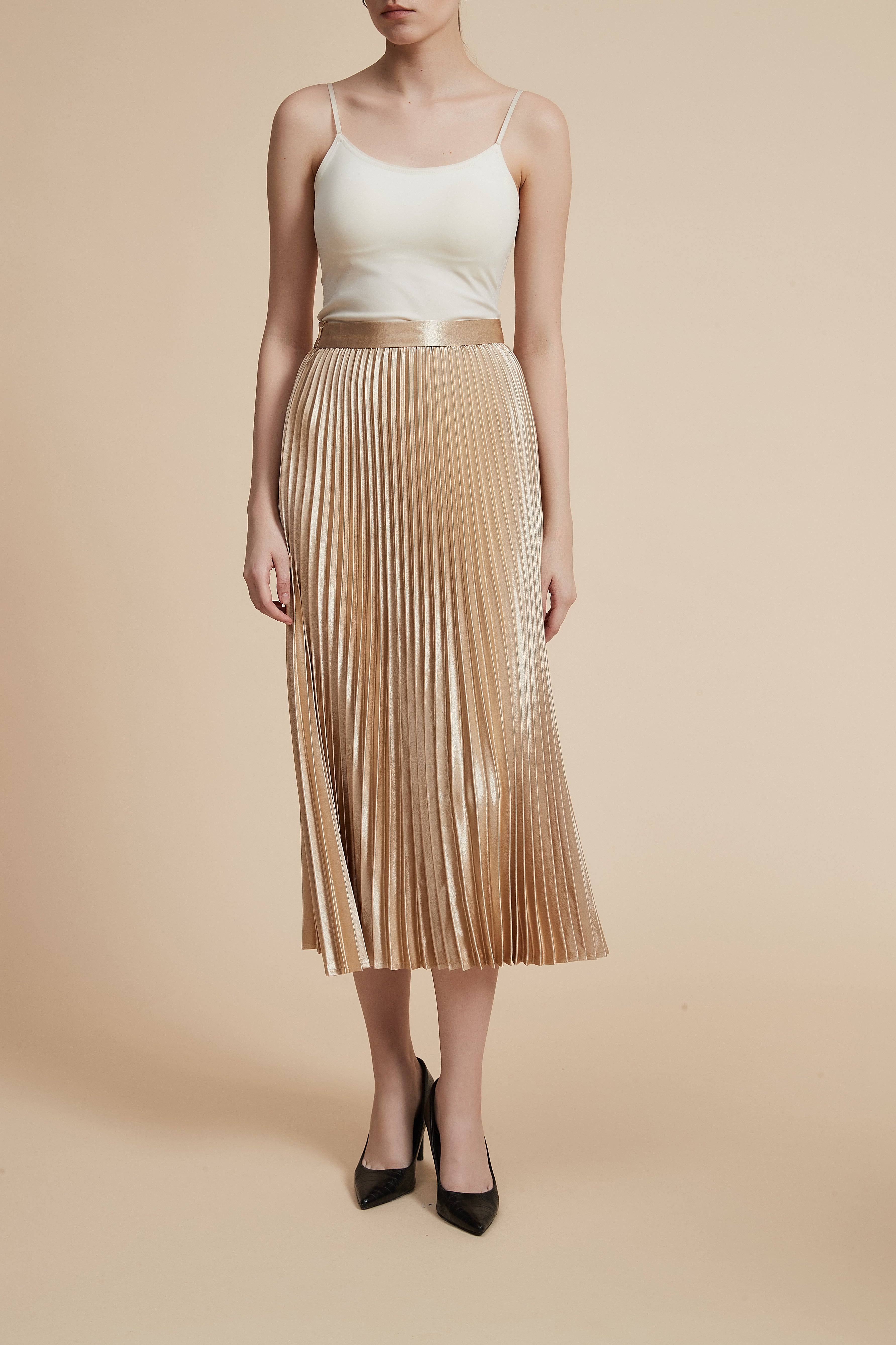 Solid Pleated Midi Skirt