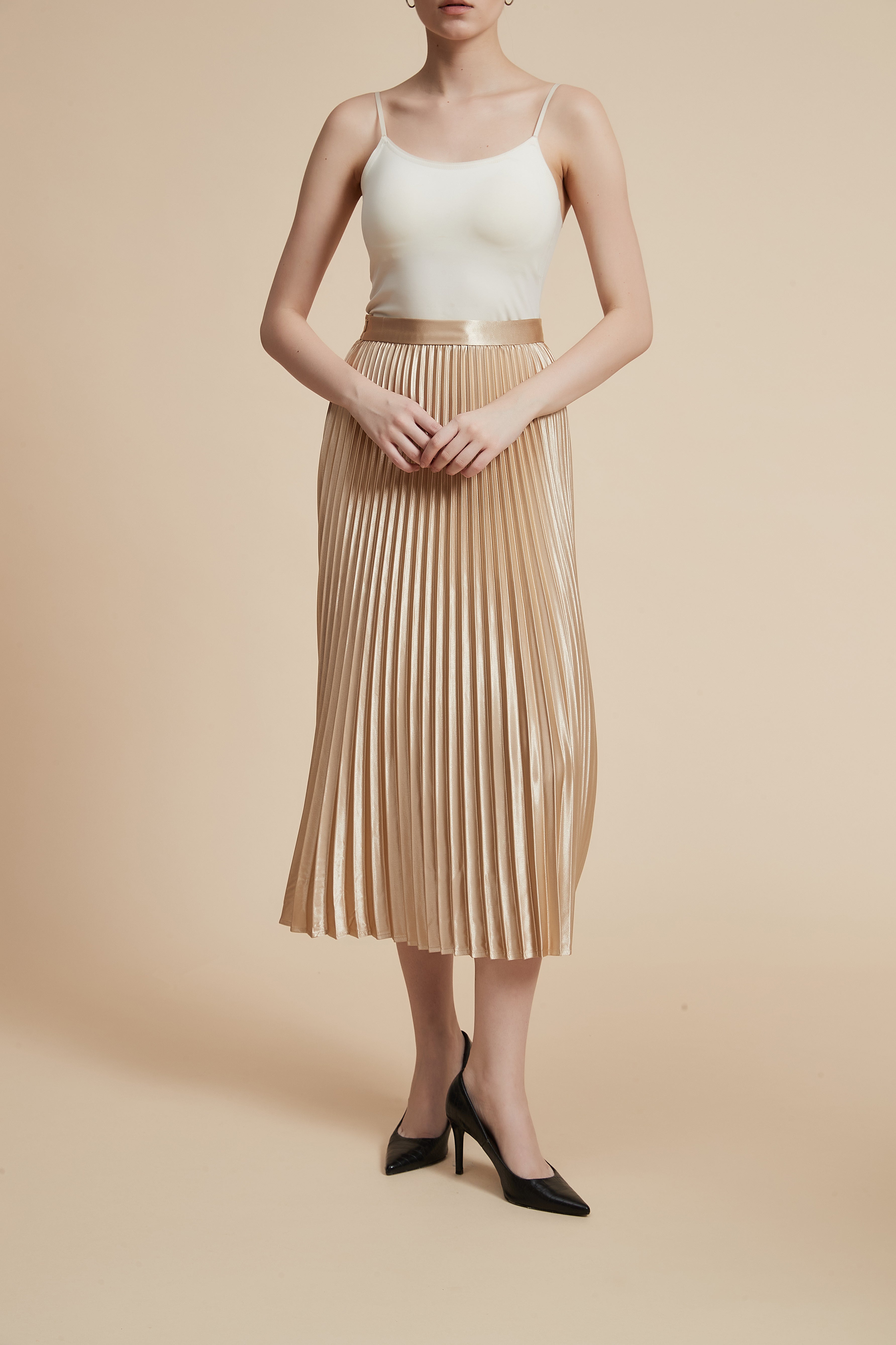 Solid Pleated Midi Skirt